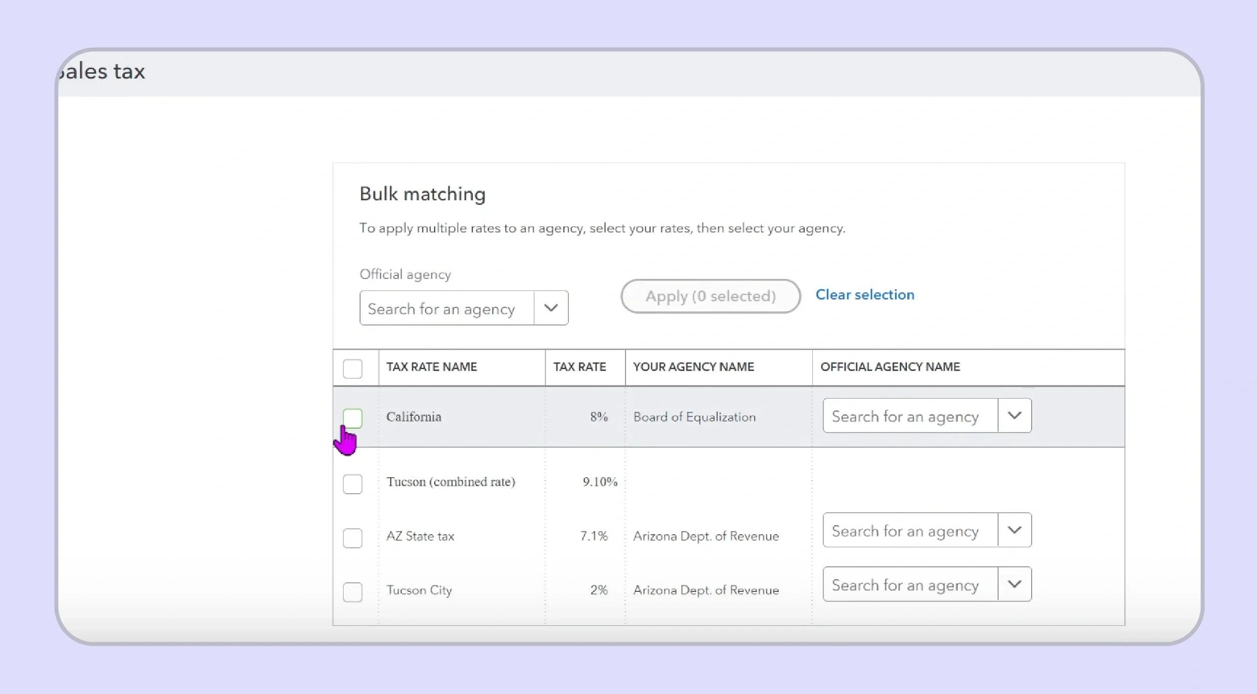 Add tax agency screen in QuickBooks