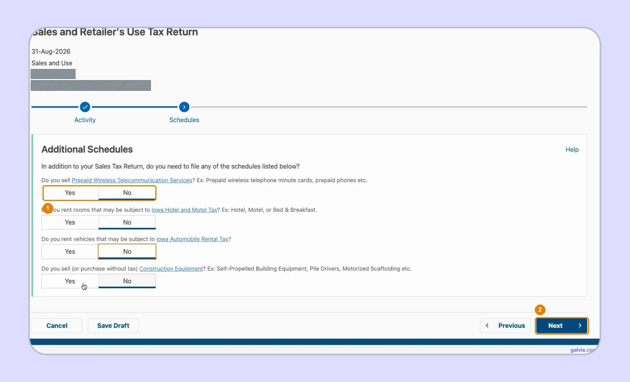 Additional schedules during IA sales tax filing