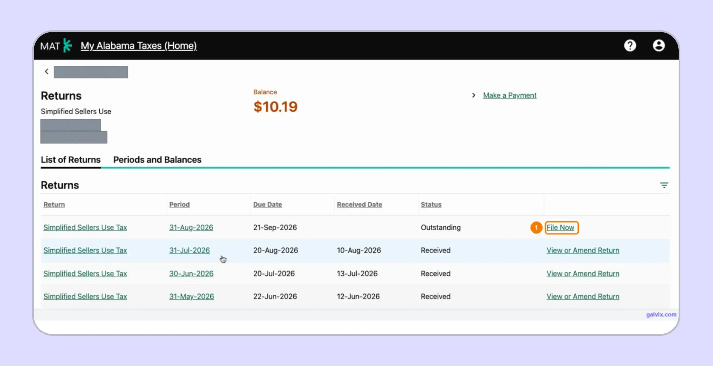 Alabama sales tax return periods displayed inside MAT