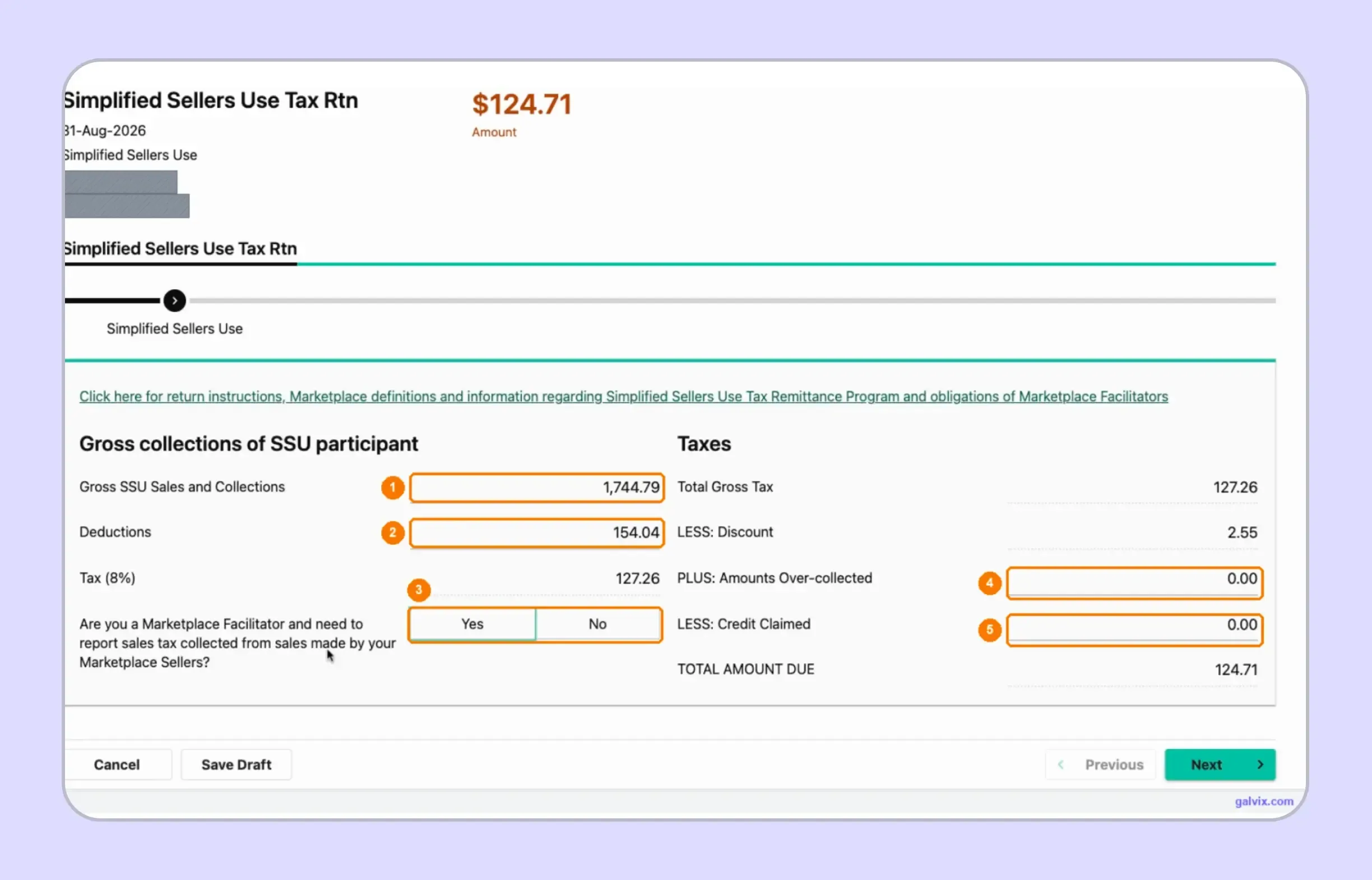 Alabama sales tax return summary with calculated SSUT