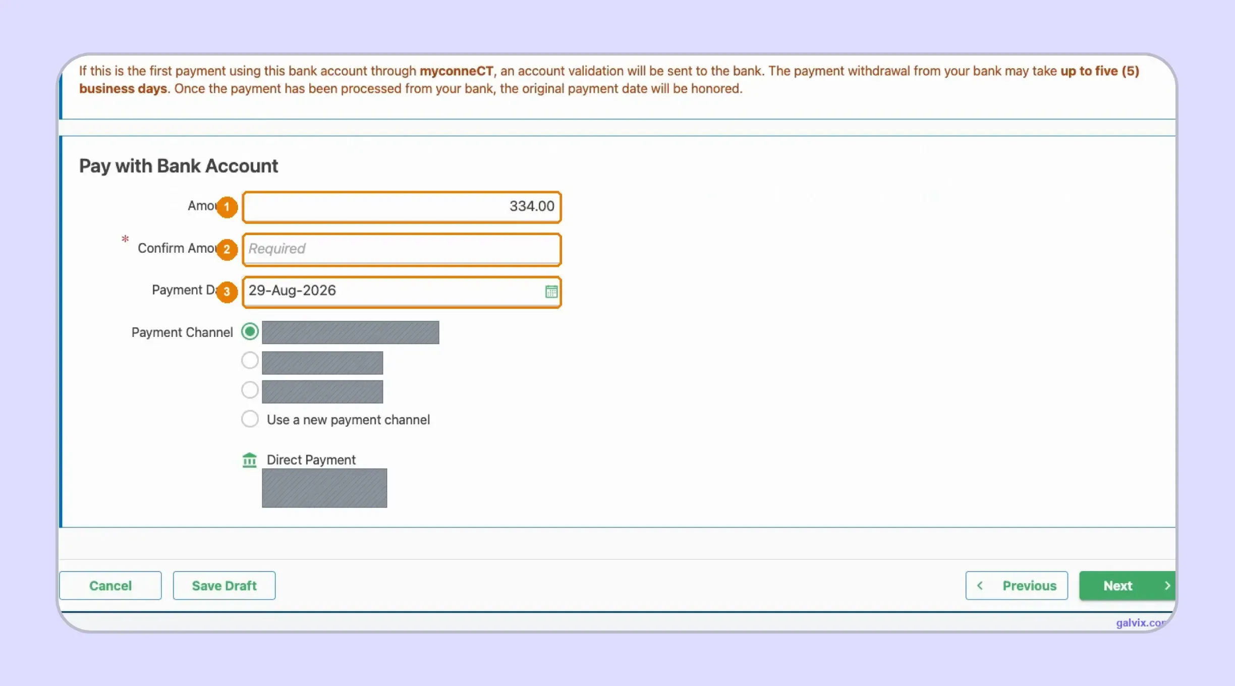 Bank payment details for CT sales tax filing in myconneCT