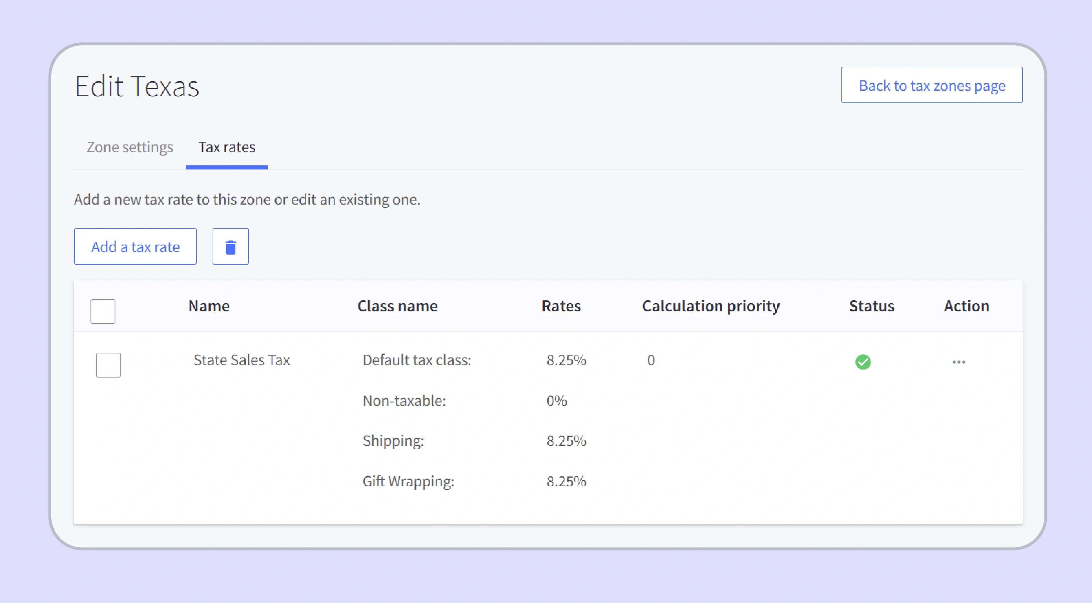 BigCommerce Settings menu showing the Taxes section for basic tax setup configuration