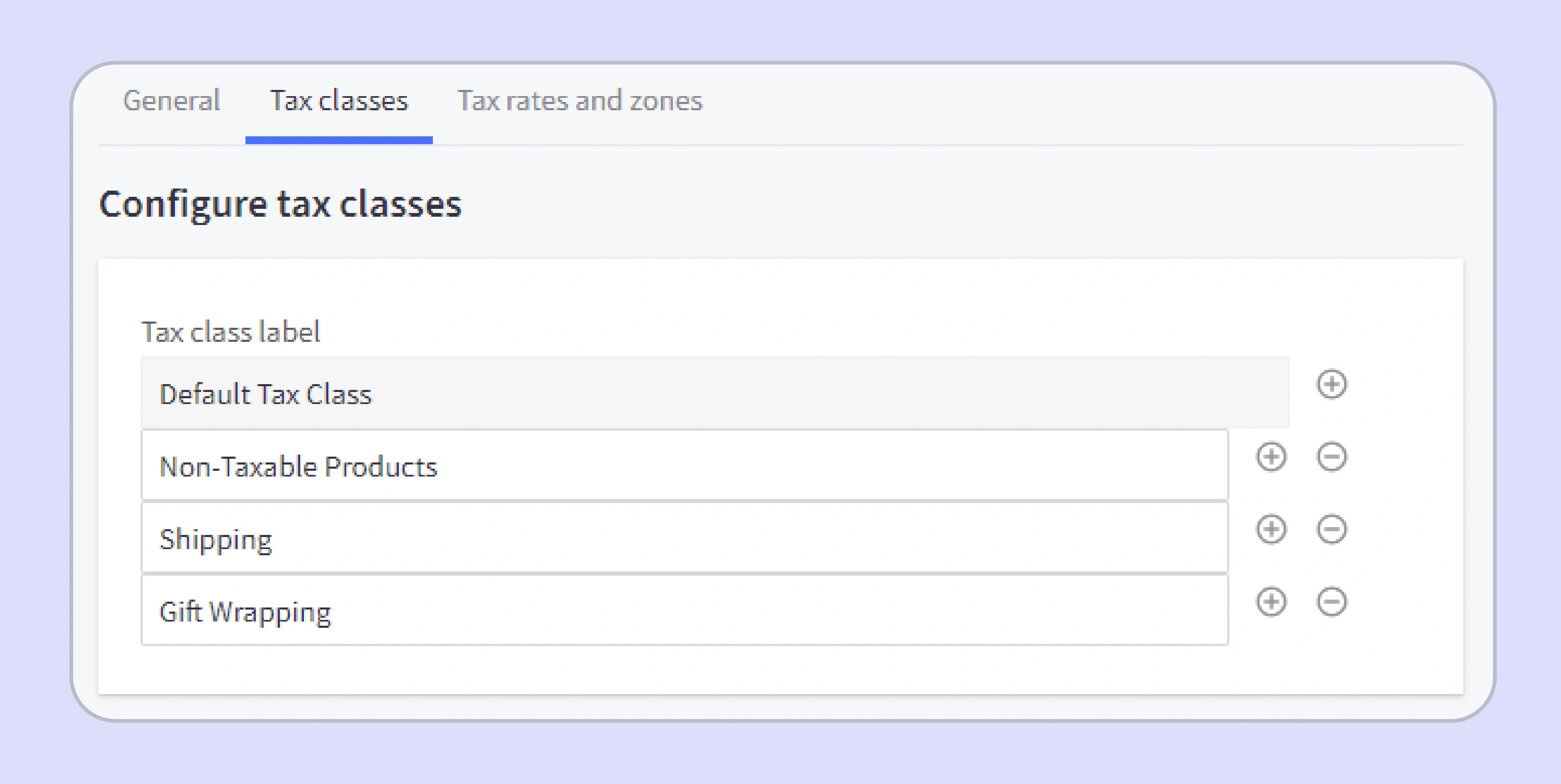 BigCommerce Tax Settings page showing Tax class configuration settings