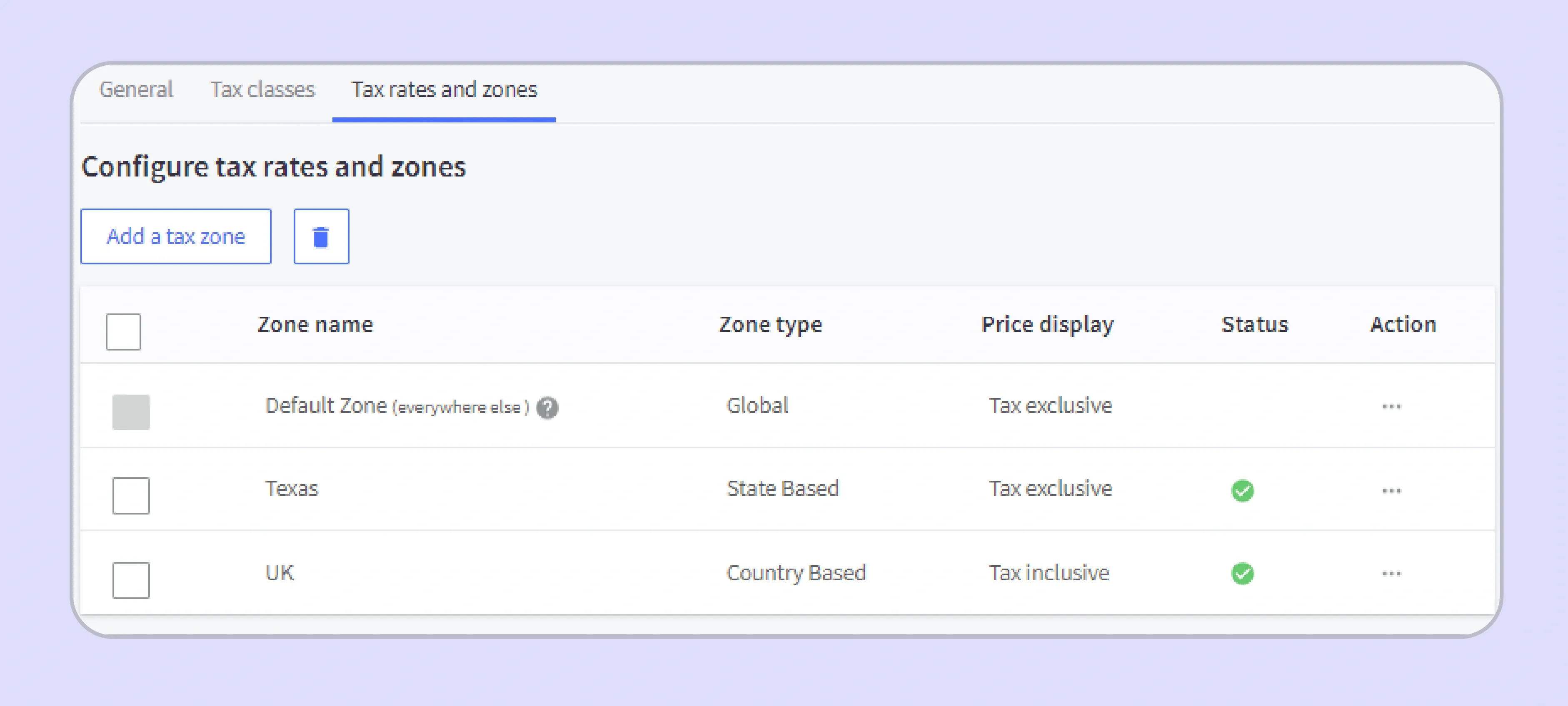 BigCommerce manual tax rate entry screen showing fields for tax rates and zones