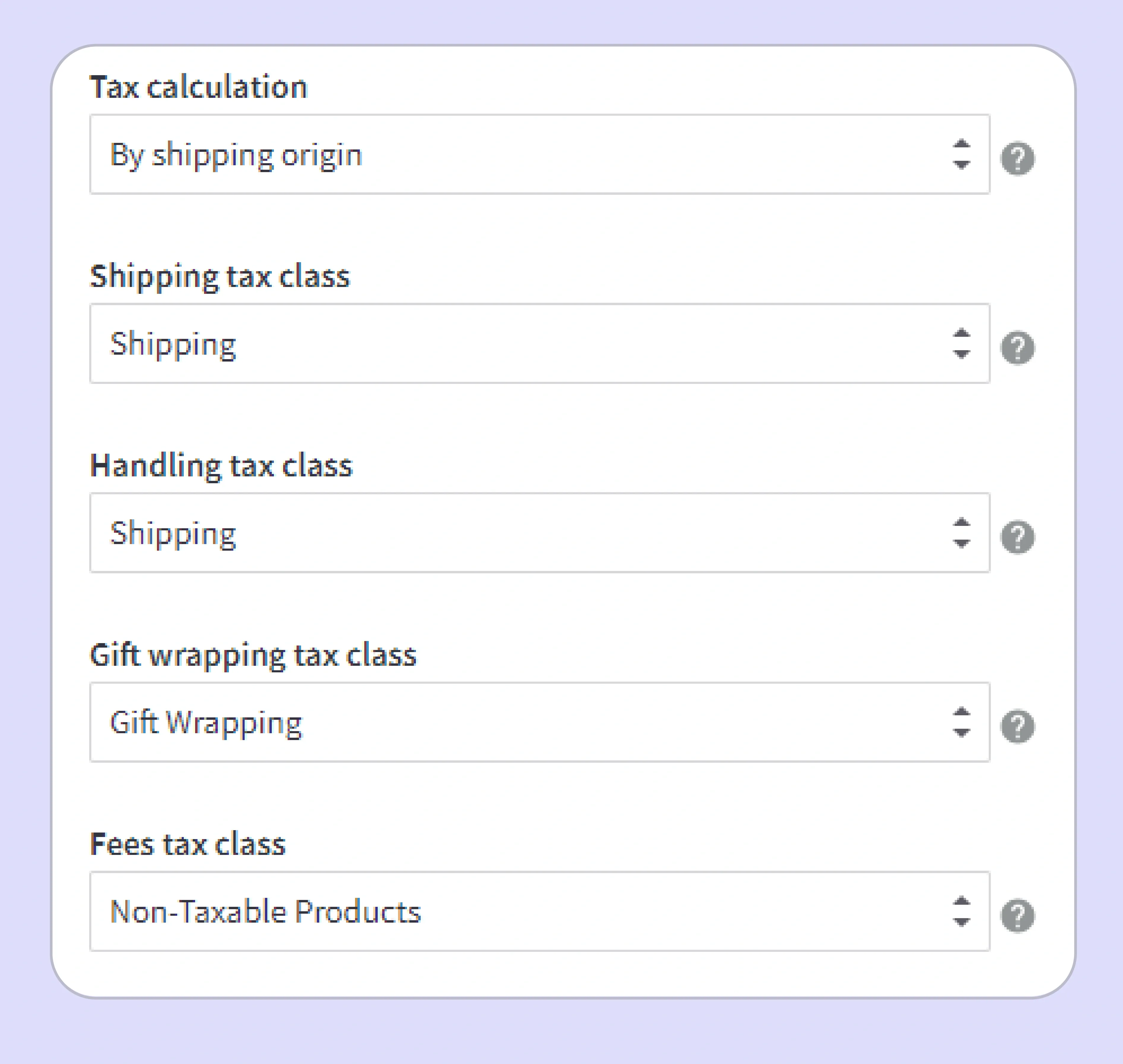 BigCommerce tax settings screen showing shipping tax class assignment options