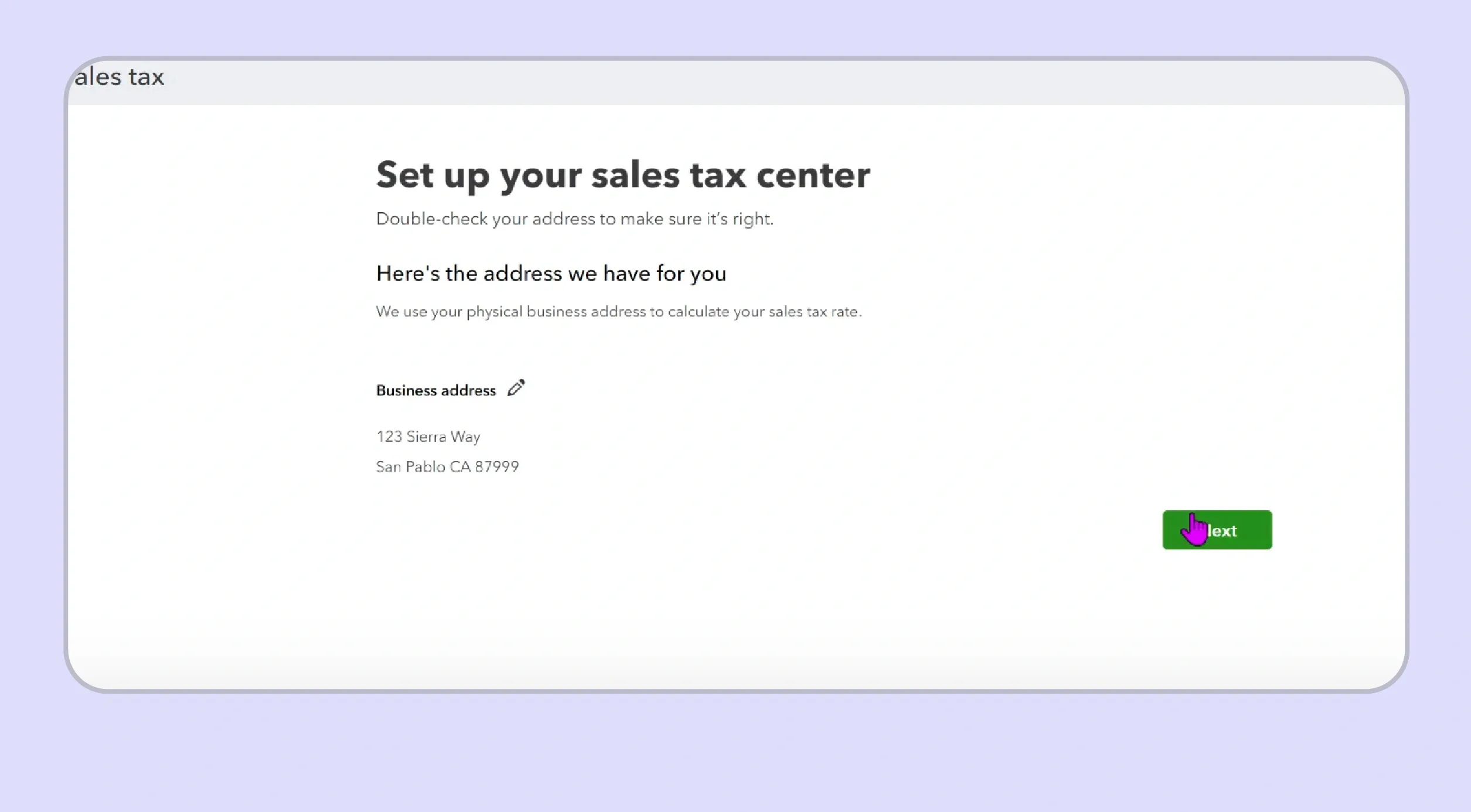 Business address confirmation screen in QuickBooks