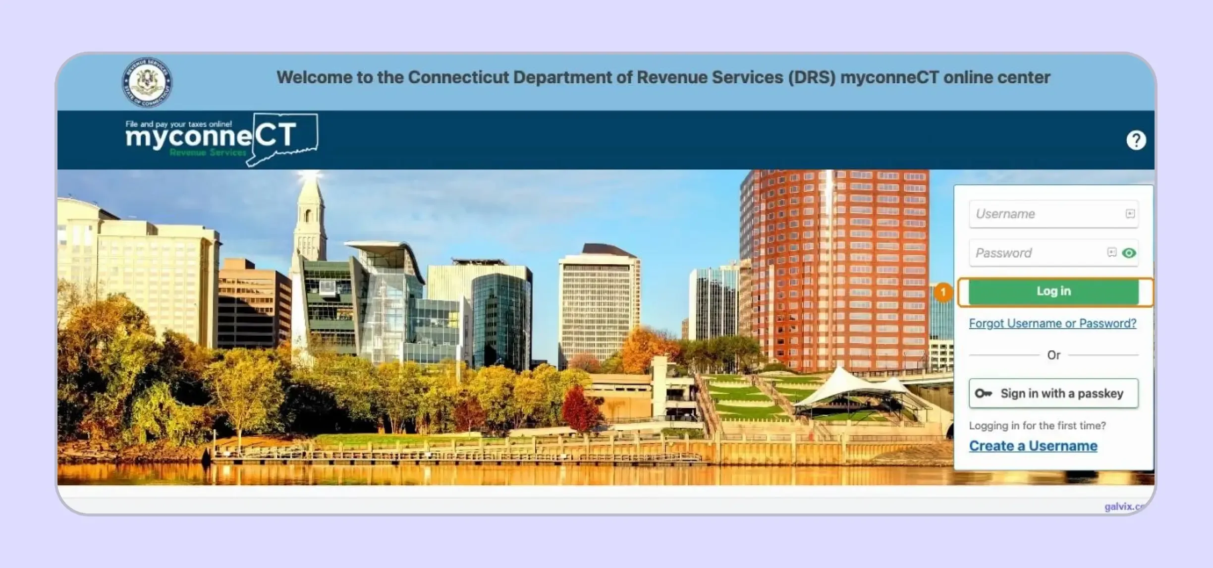 CT sales tax filing login screen inside myconneCT portal