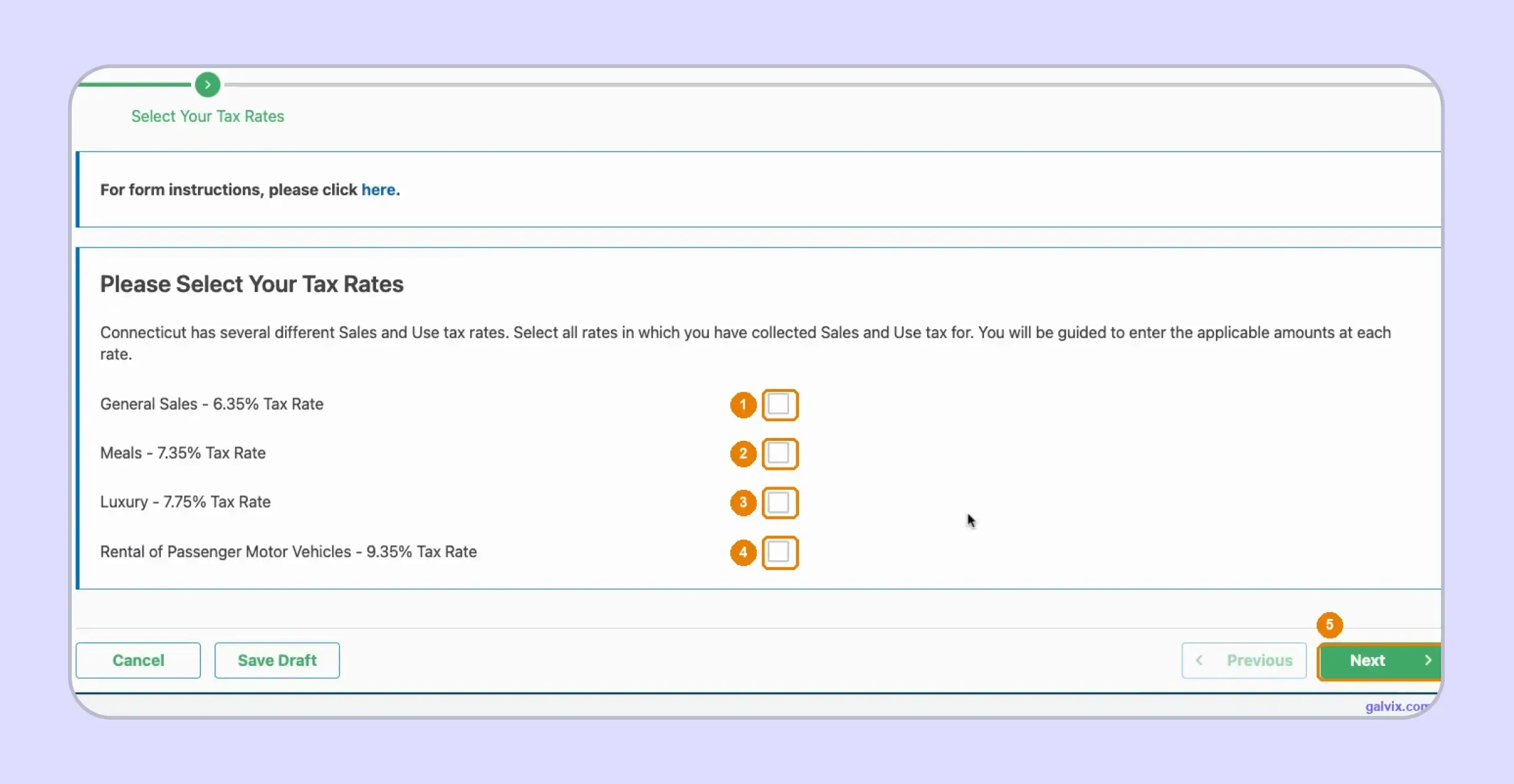 CT sales tax rate selection screen