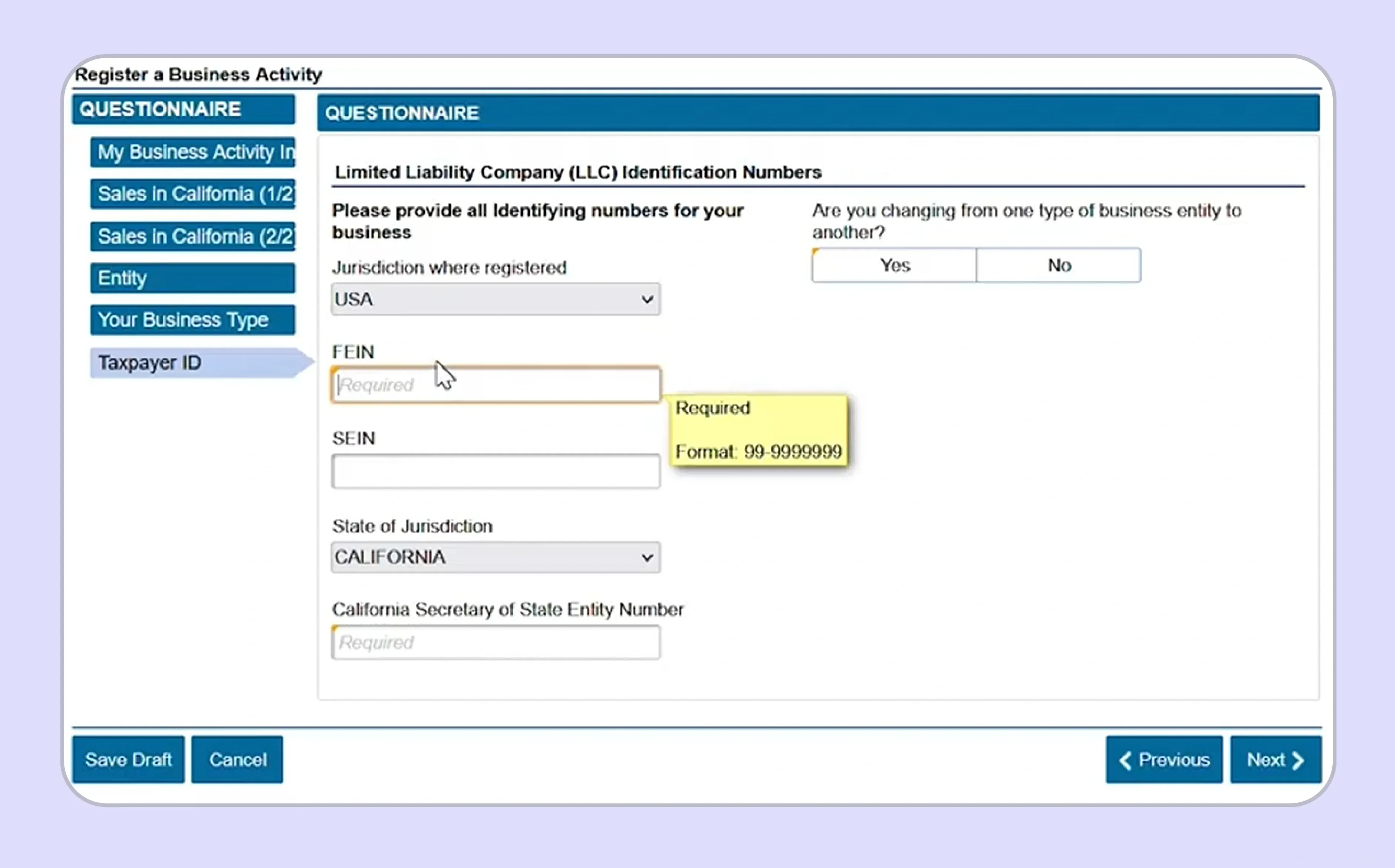 California seller’s permit registration entering business details