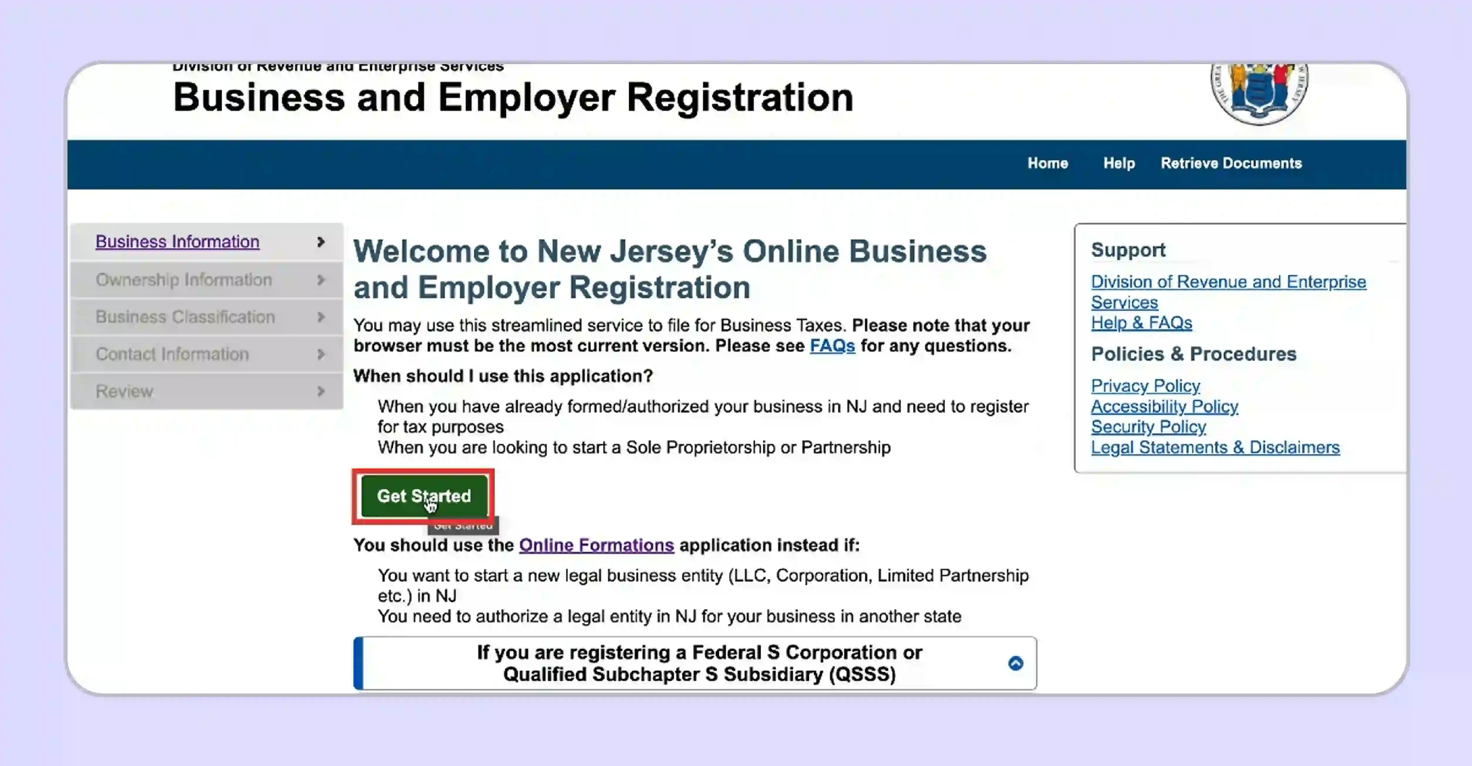 Click on the Get Started option on the New Jersey portal
