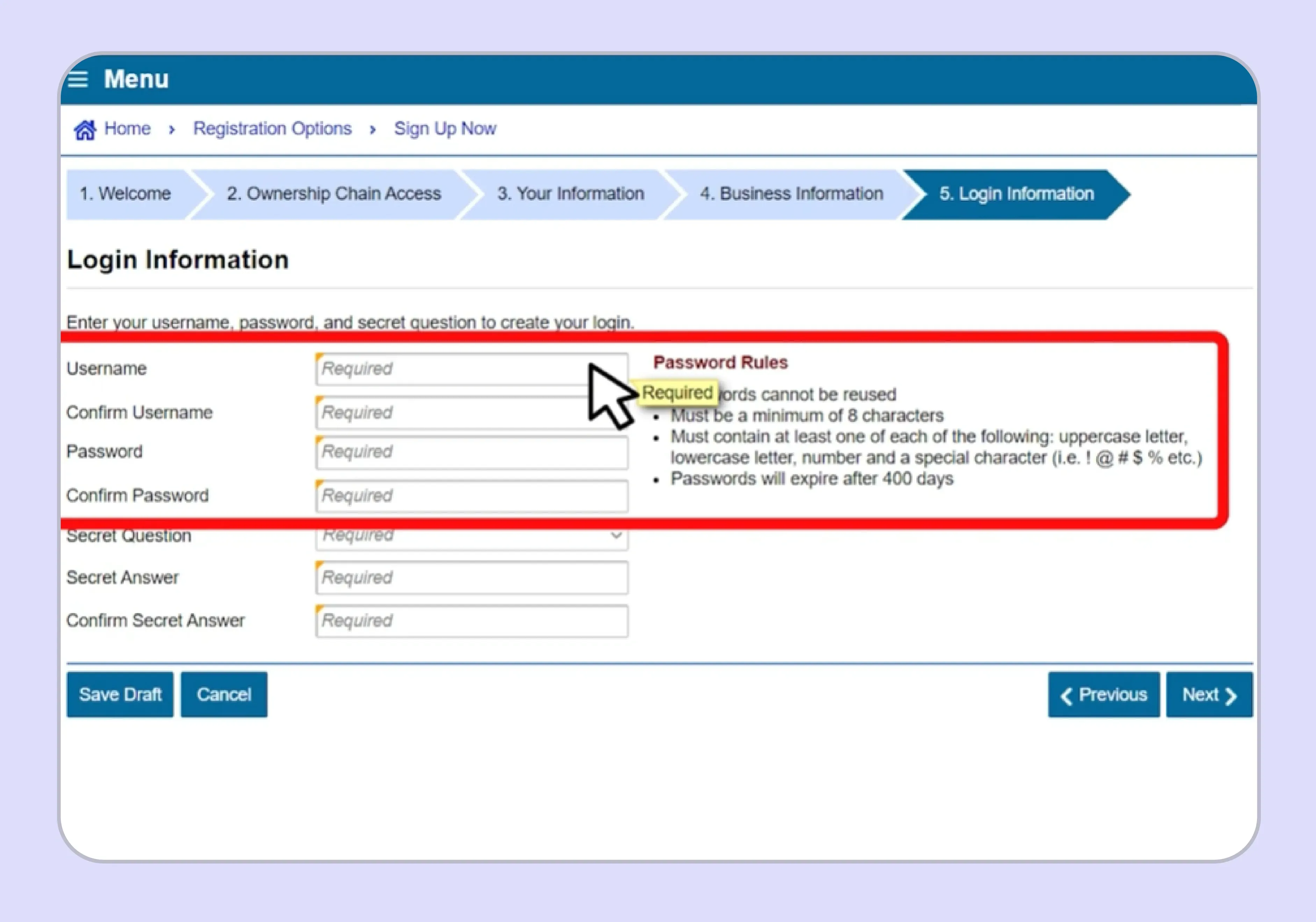 Create username and password on CDTFA website