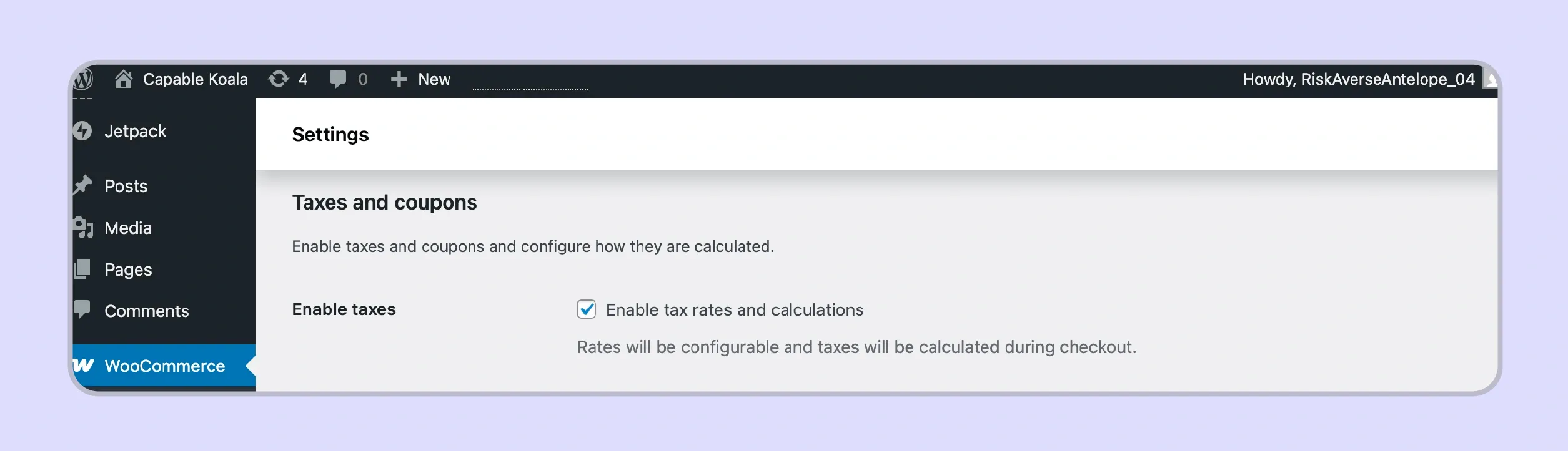 Enable Taxes checkbox for tax activation in WooCommerce