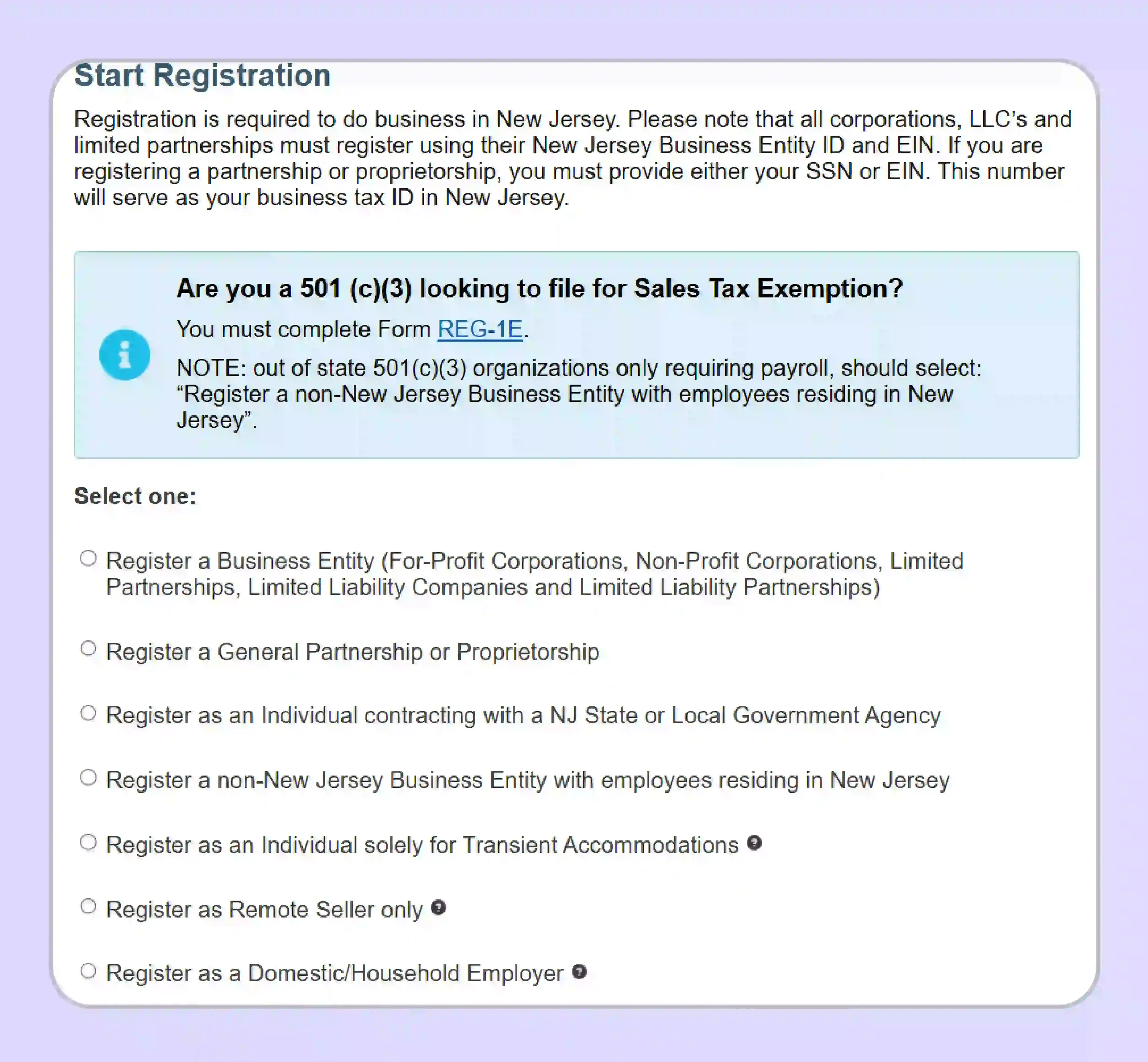 Enter business identification details for New Jersey Sales Tax Registration