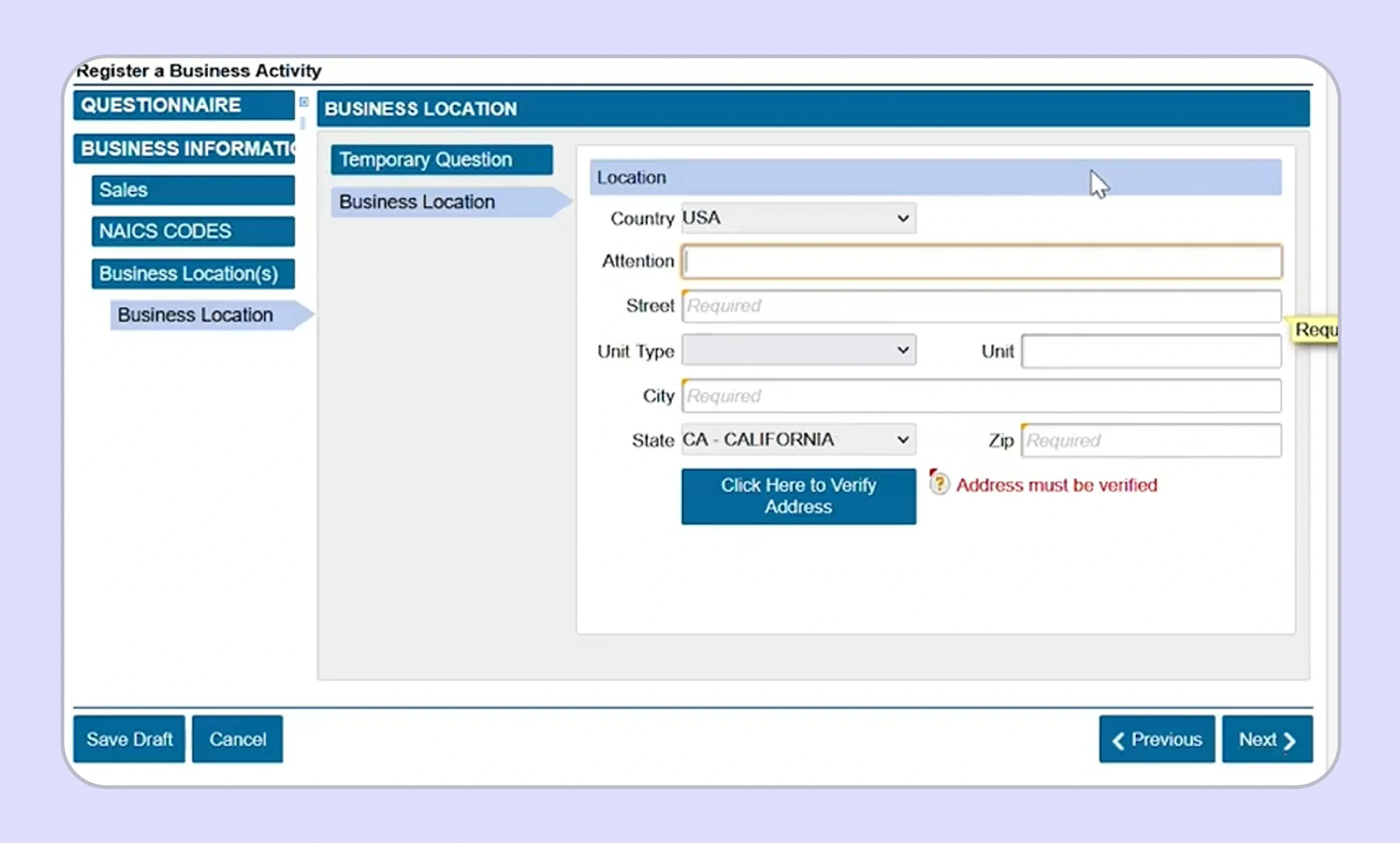 Enter business location details on CDTFA website for seller’s permit