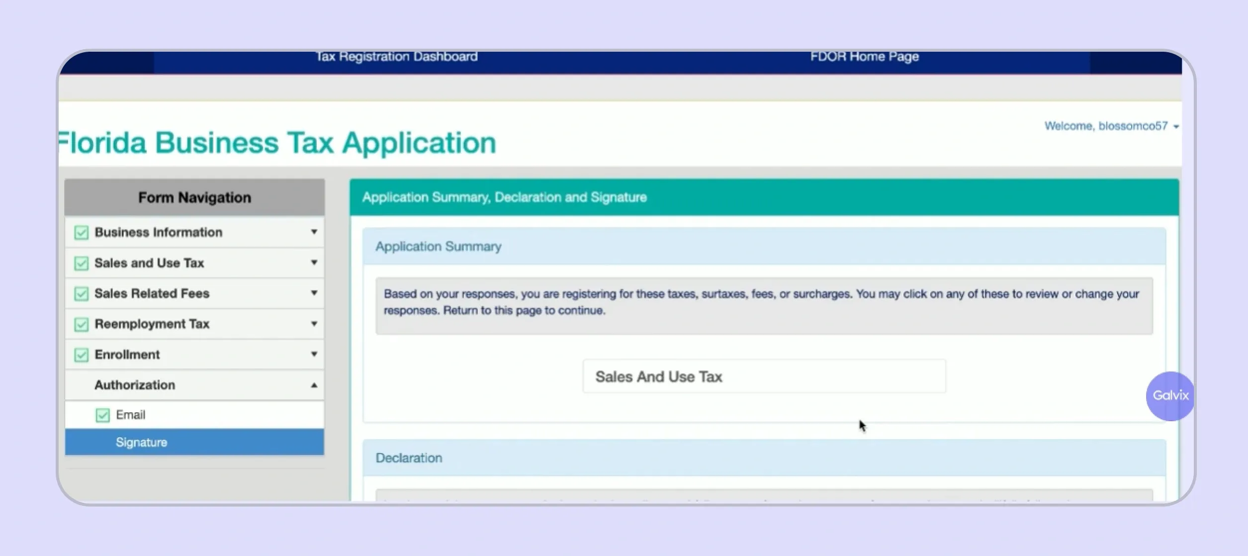 Florida Business Tax Application submission