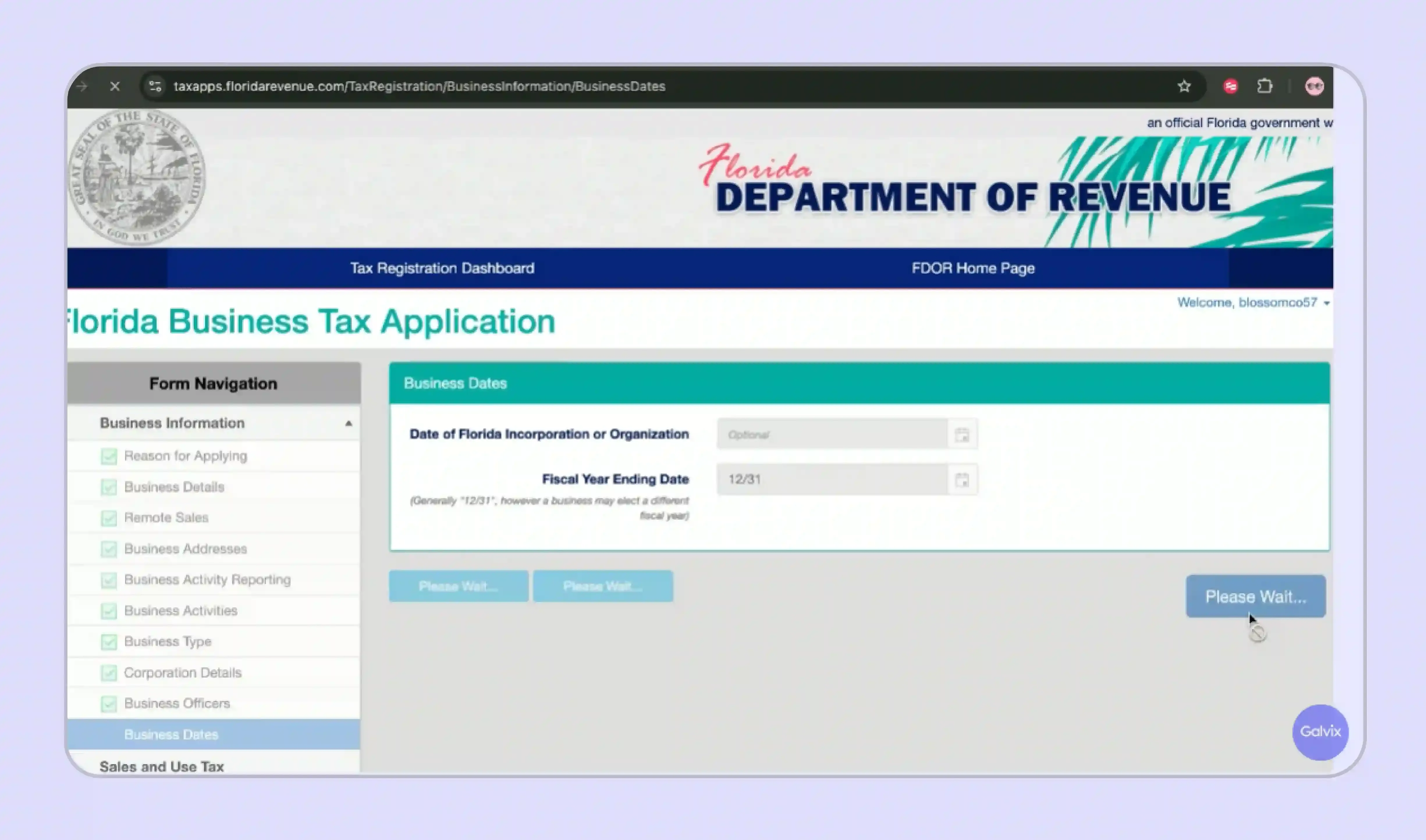 Florida Department of Revenue website screen to add business dates