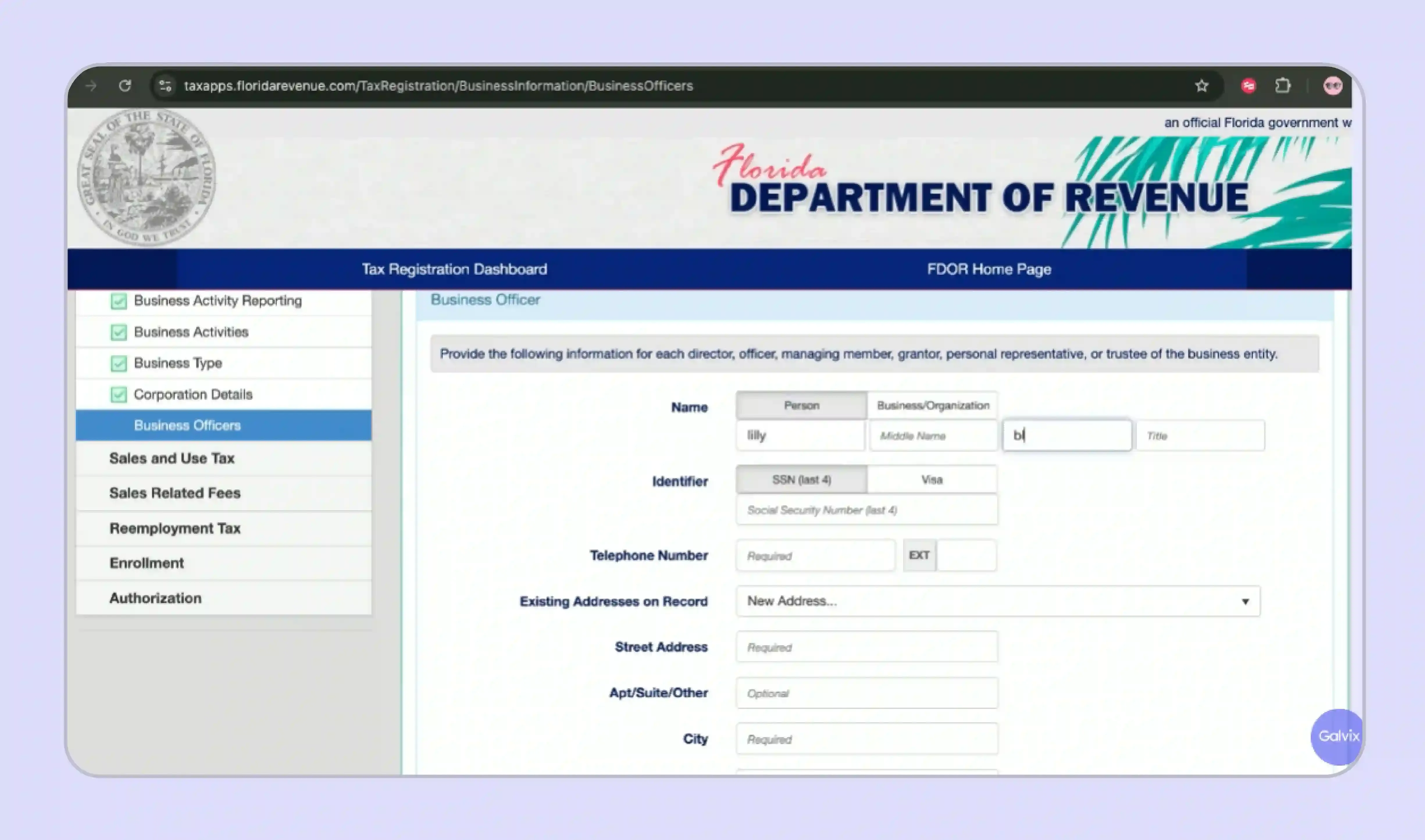 Florida Department of Revenue website screen to add business officer.webp
