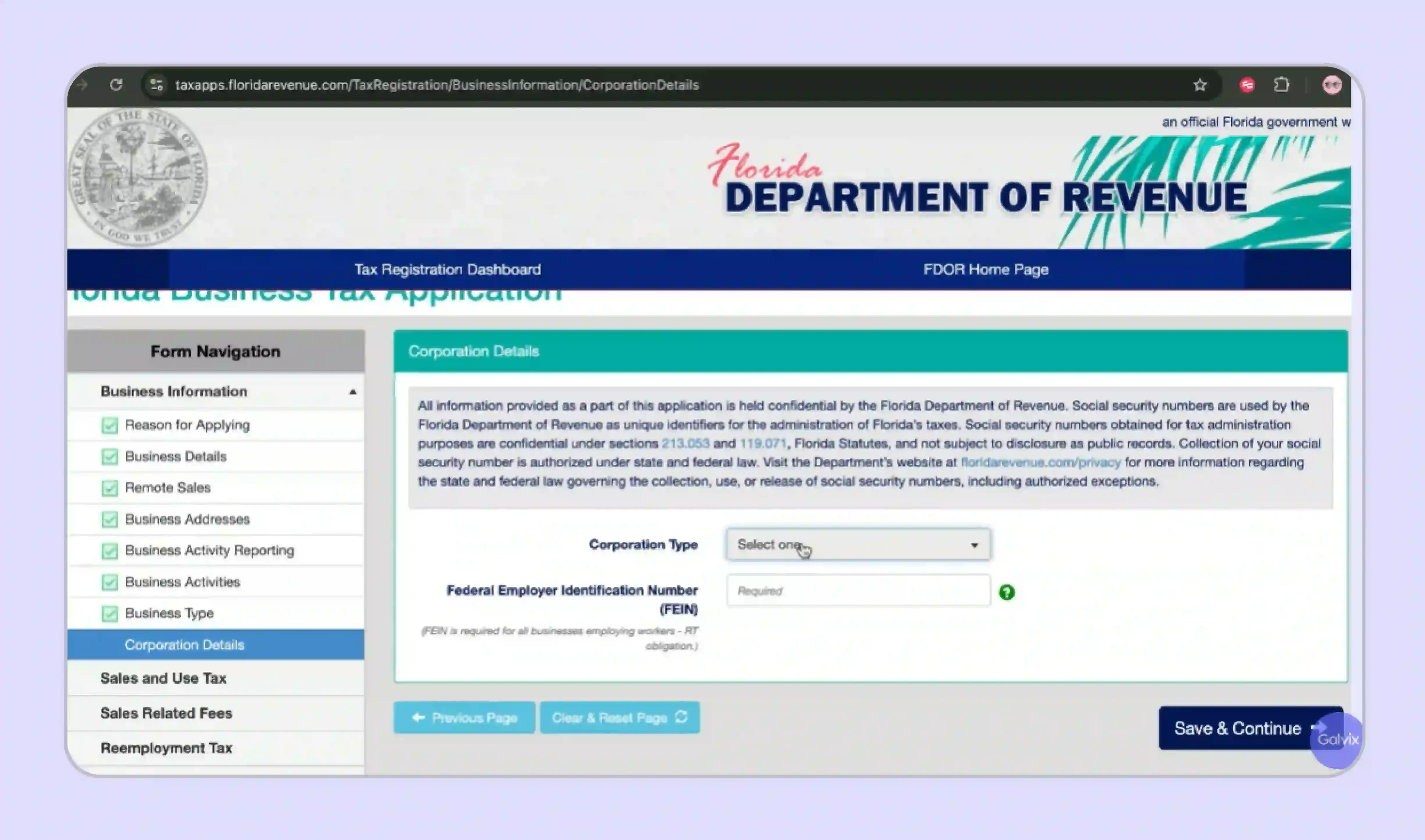 Florida Department of Revenue website screen to enter Corporation details