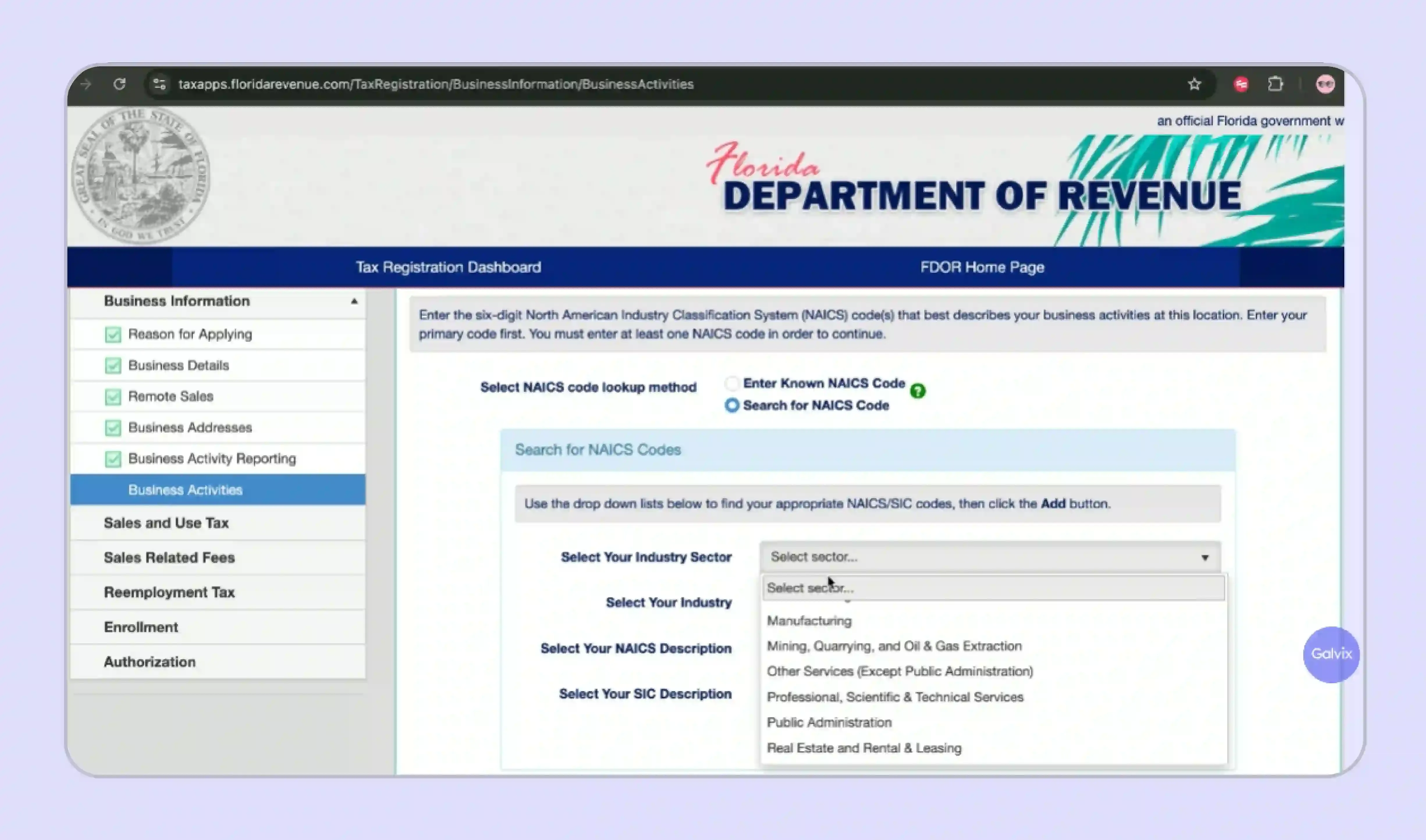 Florida Department of Revenue website screen to enter NAICS details