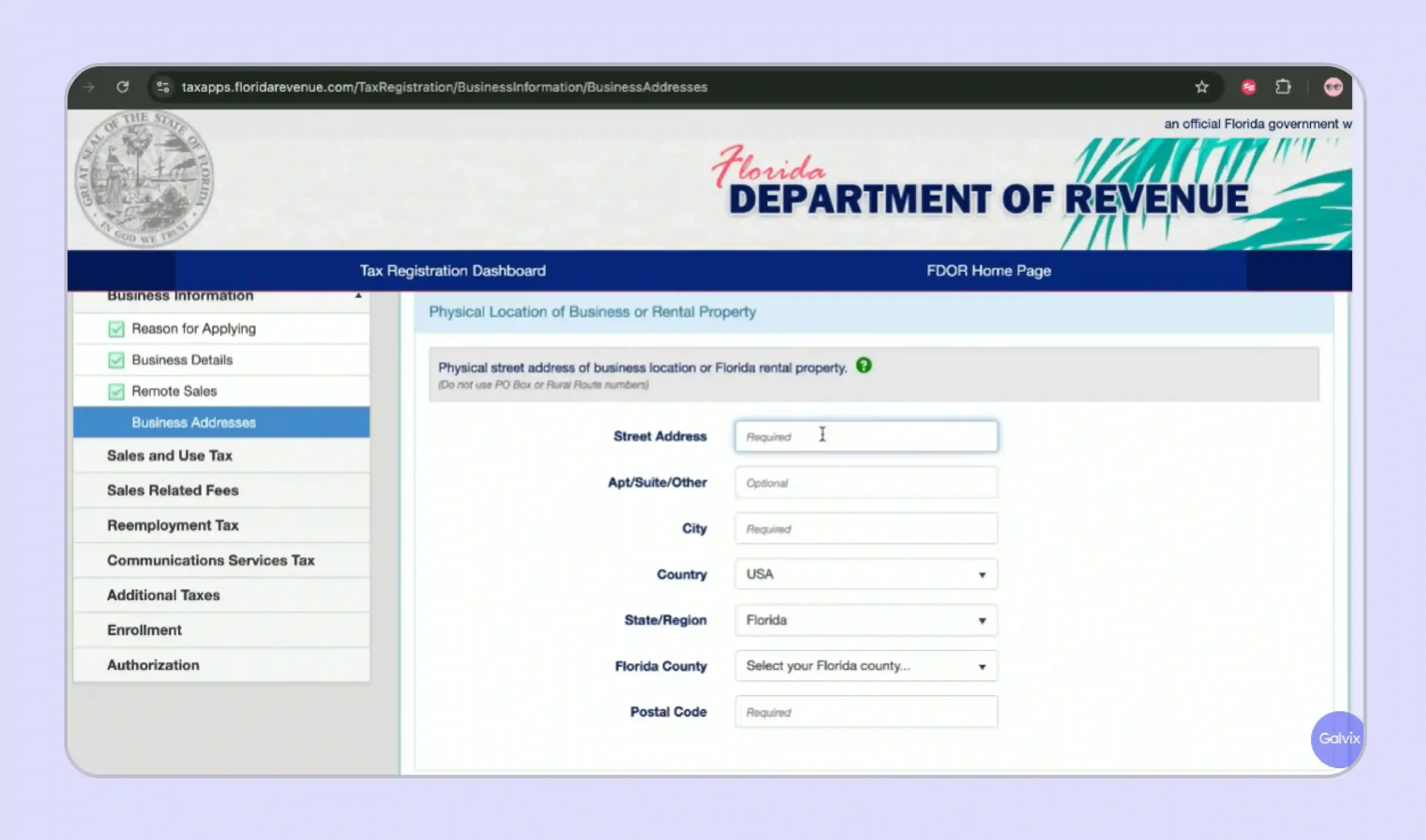 Florida Department of Revenue website screen to enter business details