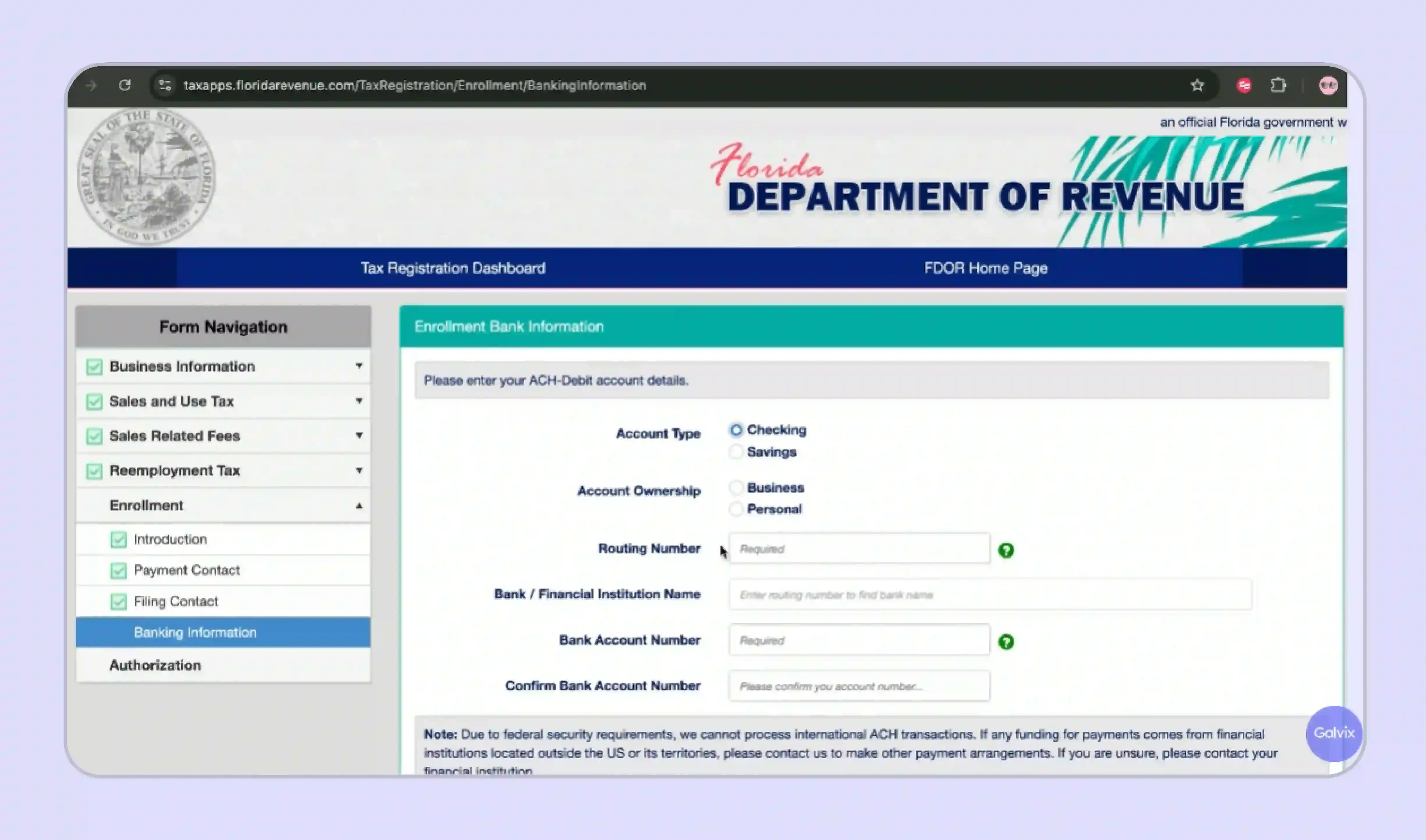 Florida Department of Revenue website screen to enter enrolment bank details