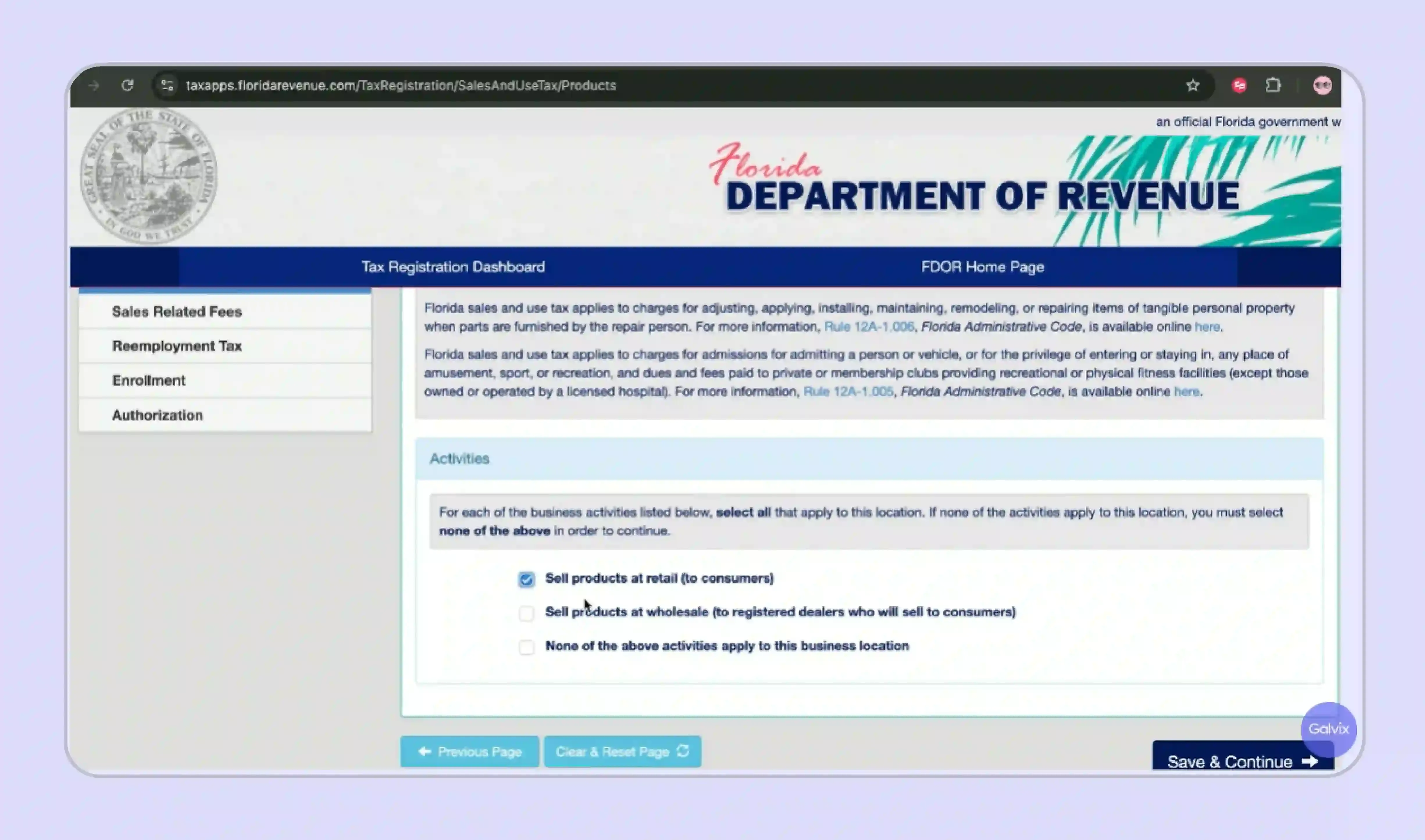 Florida Department of Revenue website screen to enter sales-related activity details