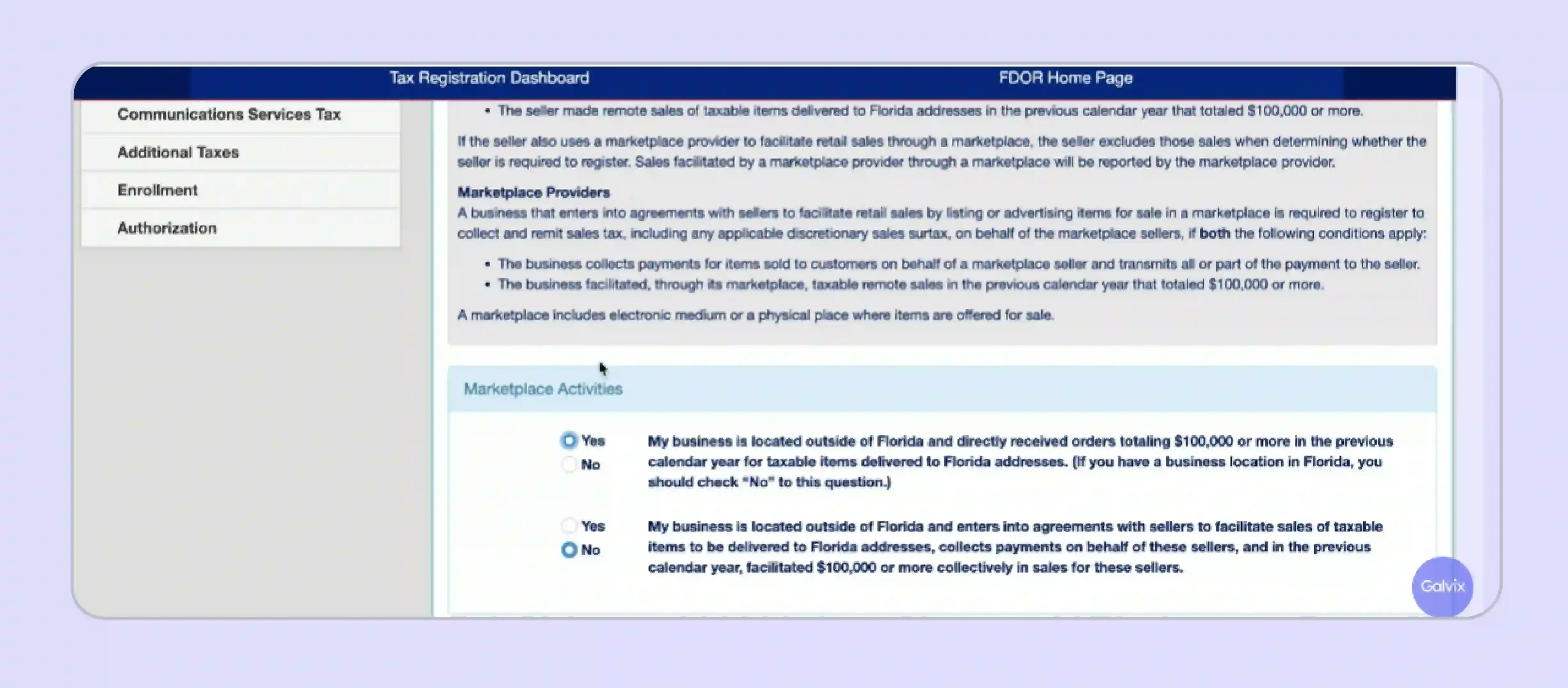 Florida Department of Revenue website screen to select remote seller status and provide marketplace details