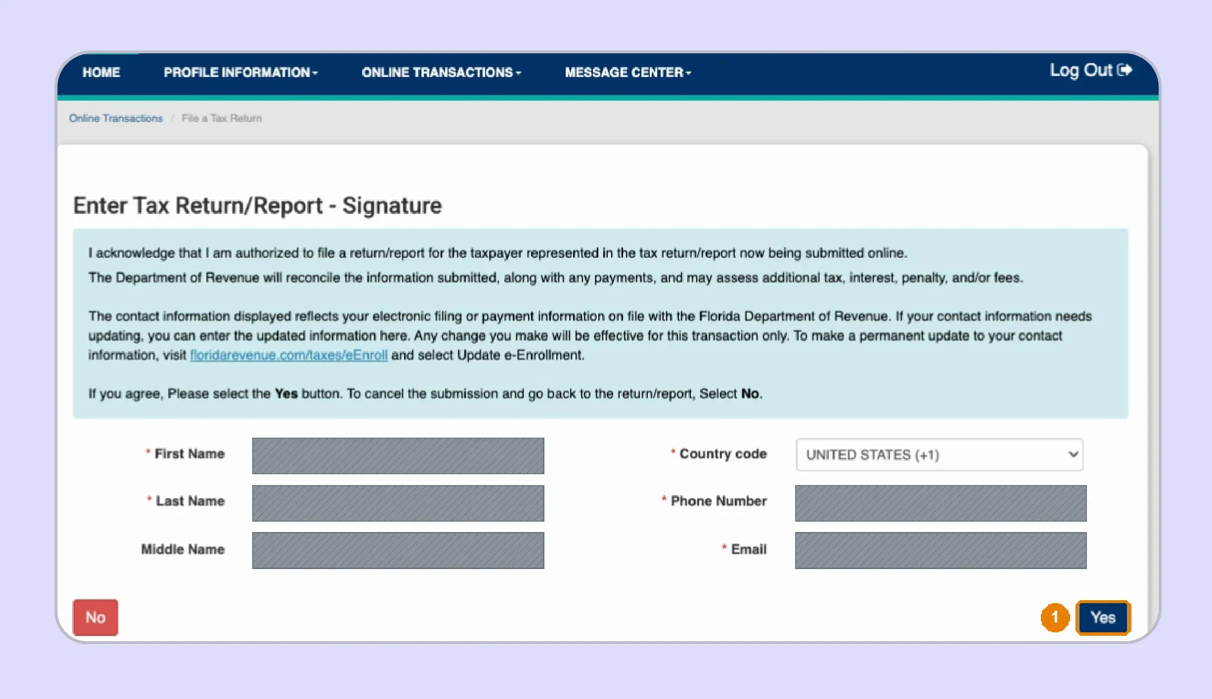 Florida Sales Tax filing acknowledgment screen