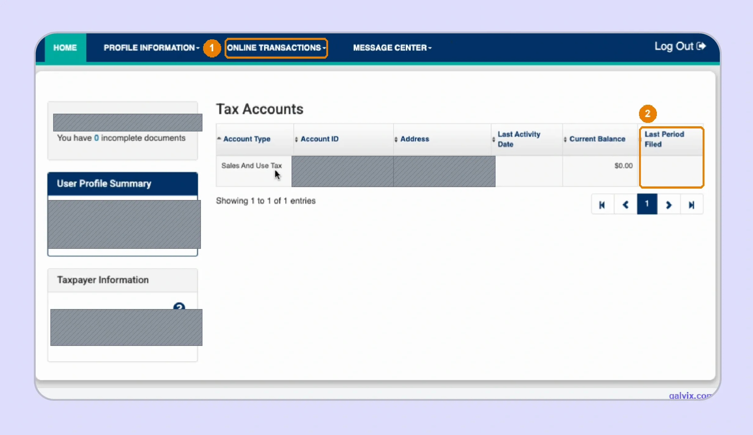 Florida account selection before starting sales tax return