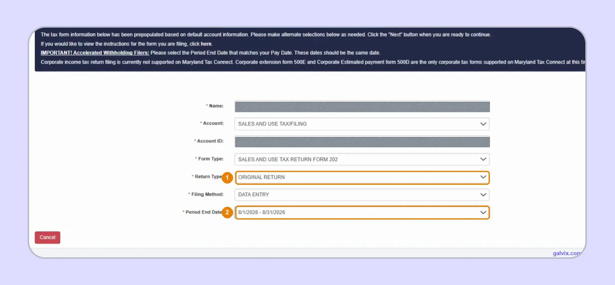 Form 202 filing period selected in Maryland Tax Connect