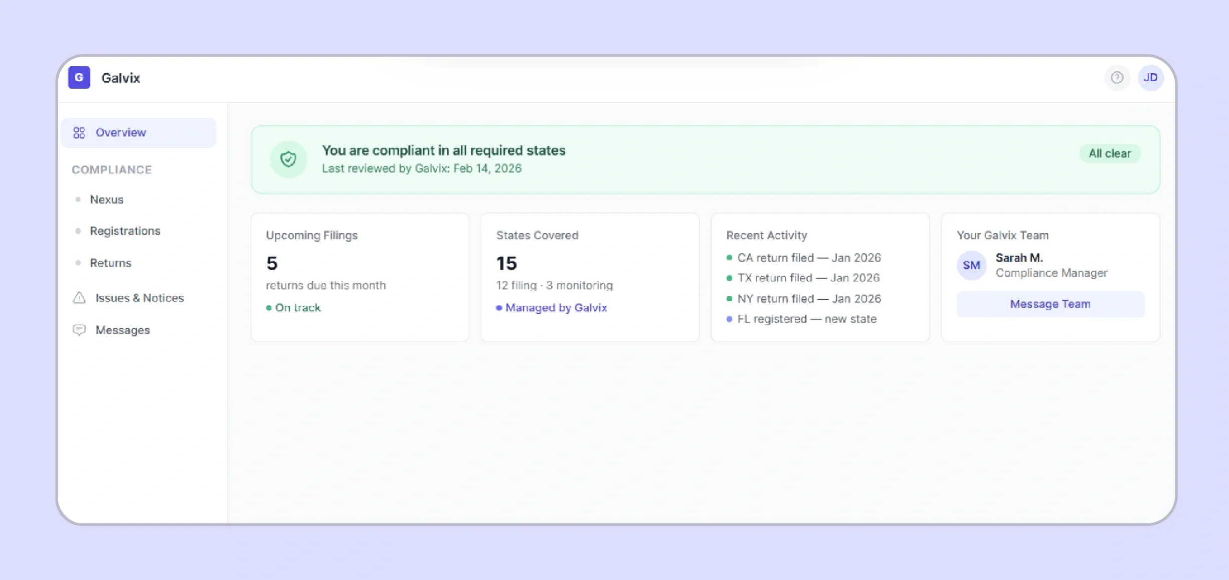 Galvix user interface showing compliance status with key details