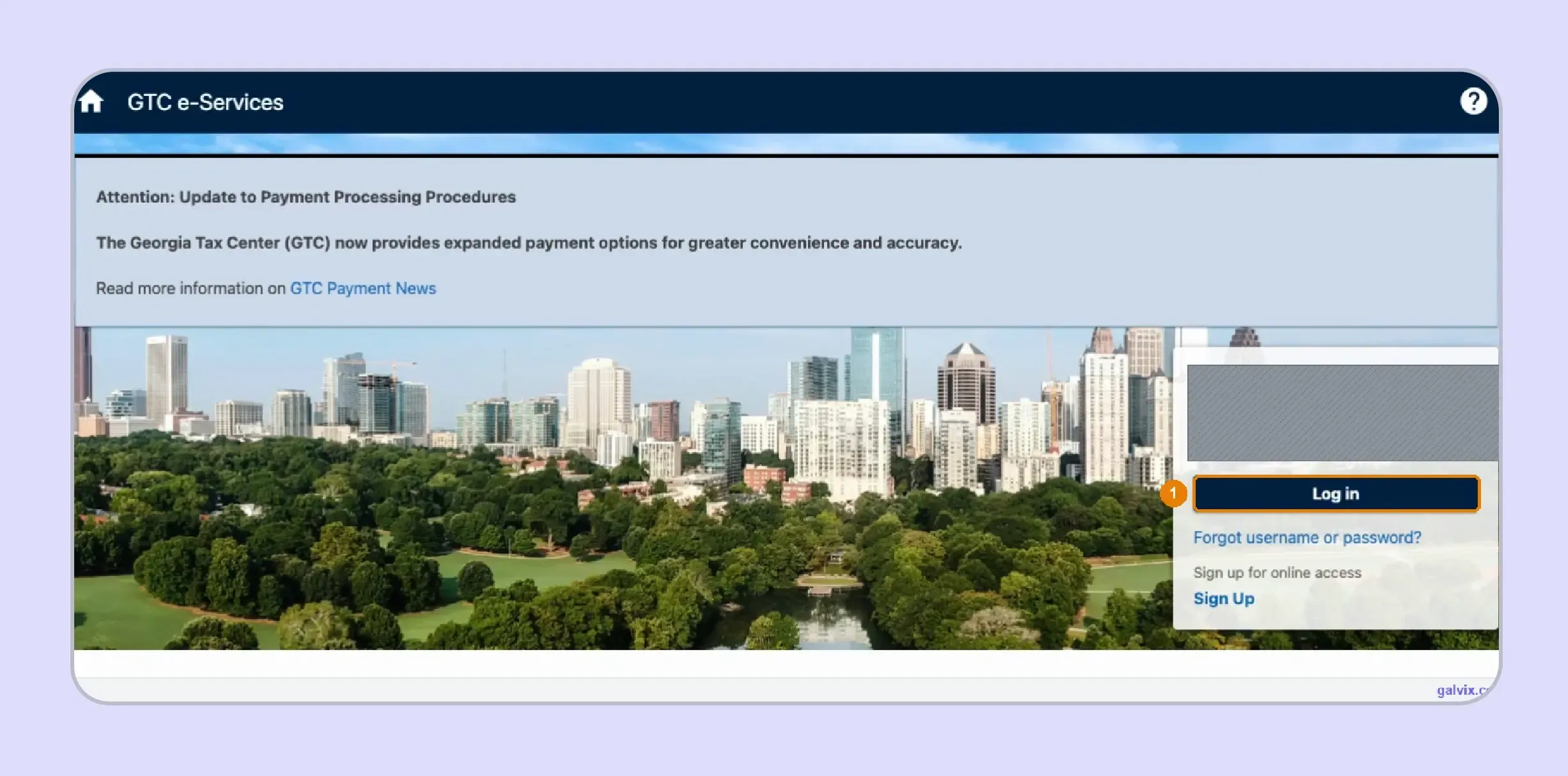 Georgia GTC login screen for online sales tax filing