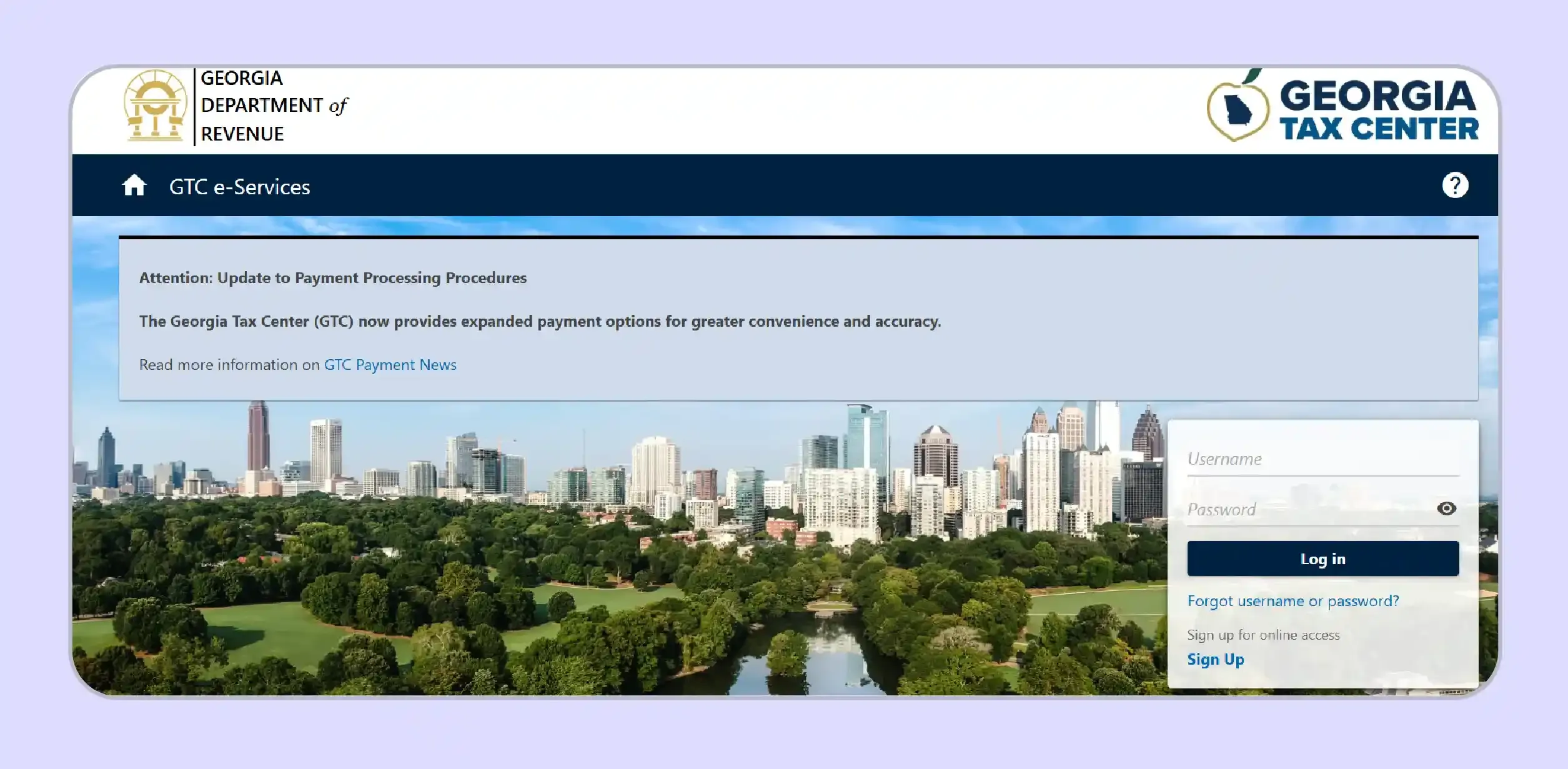 Georgia Tax Center homepage for sales tax registration