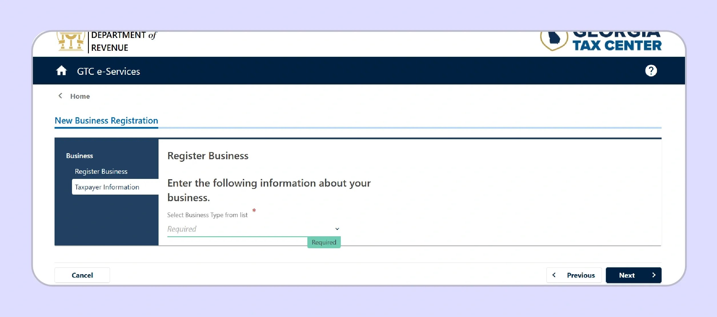 Georgia sales tax permit registration start screen