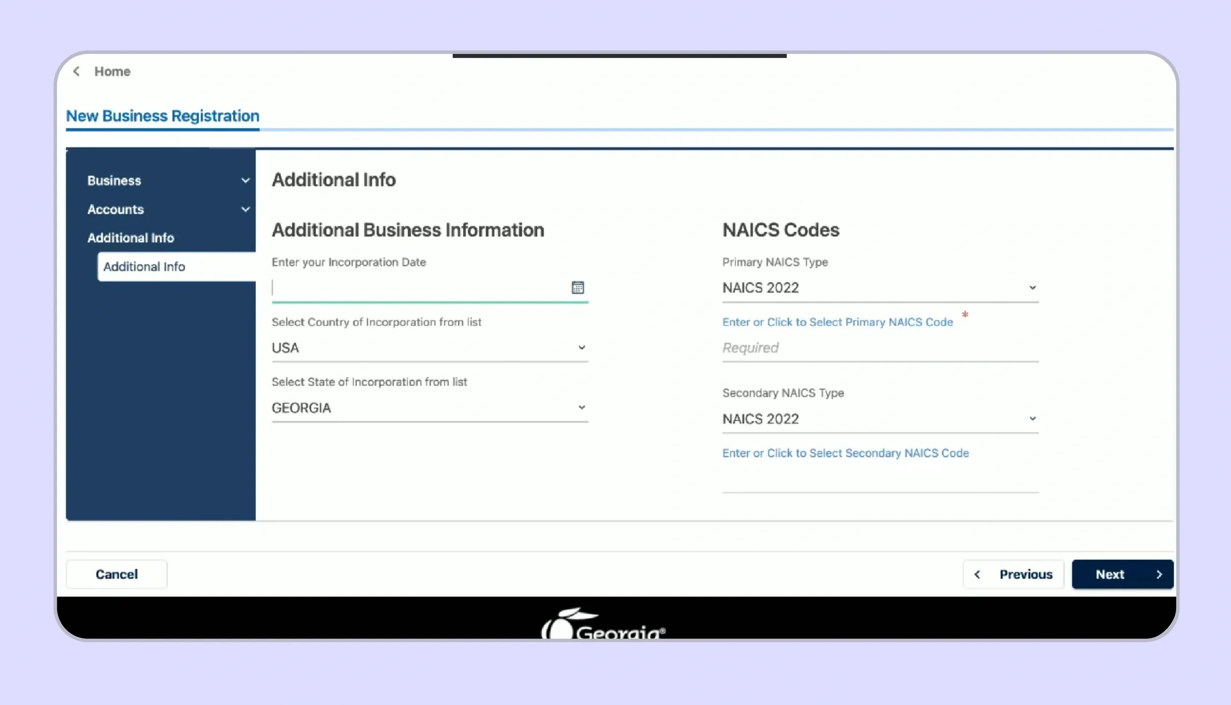 Georgia sales tax registration business data screen