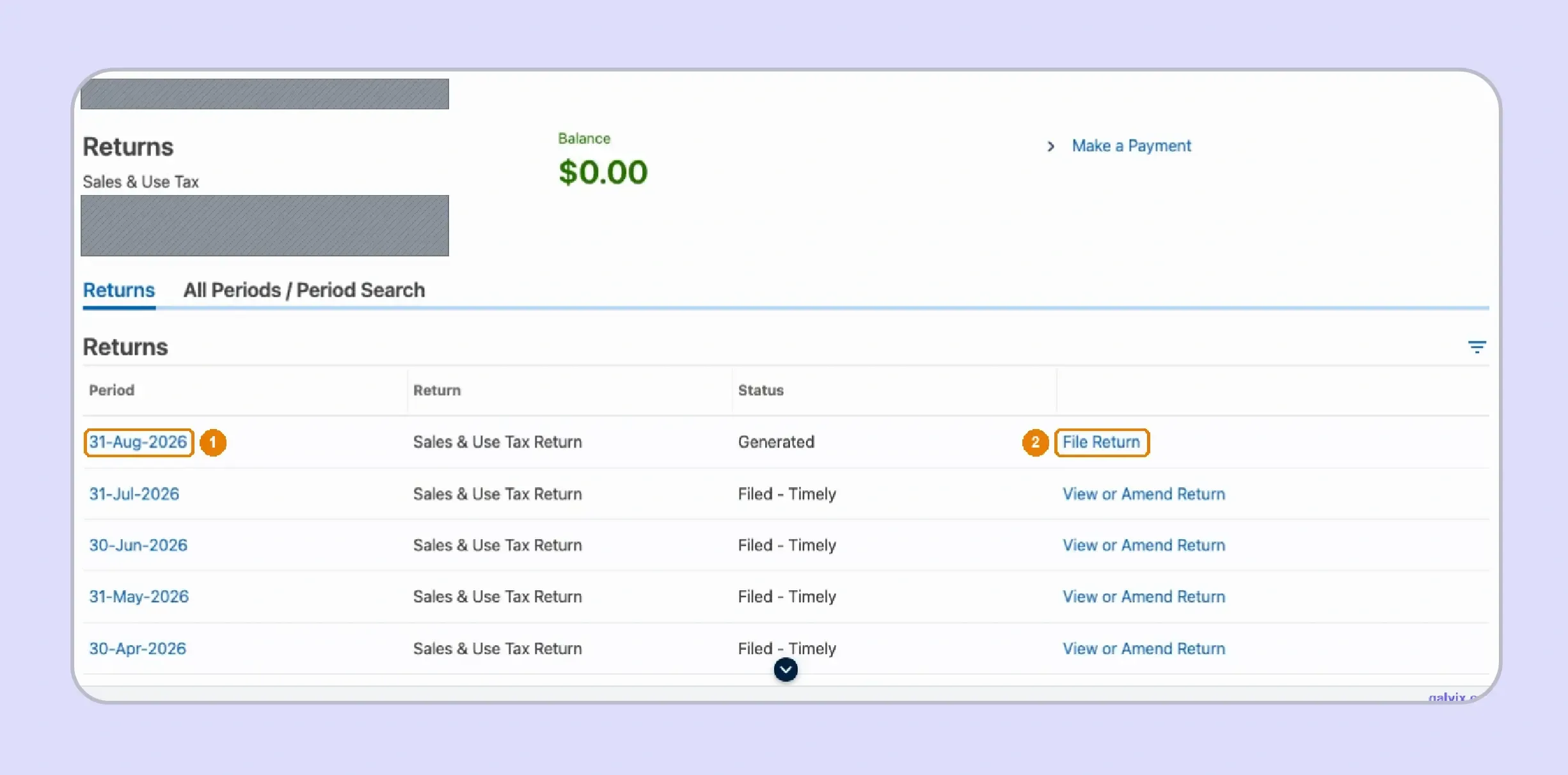 Georgia sales tax return period and File Return option