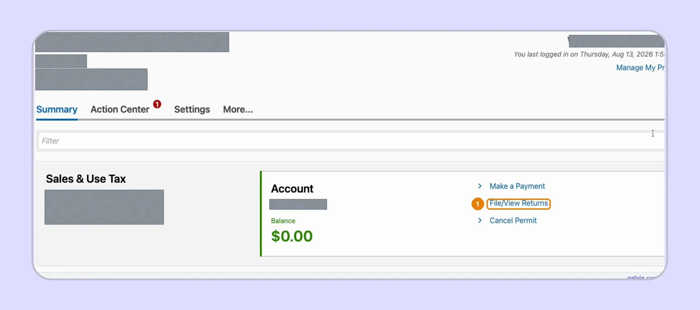 Idaho TAP sales tax account with File View Returns
