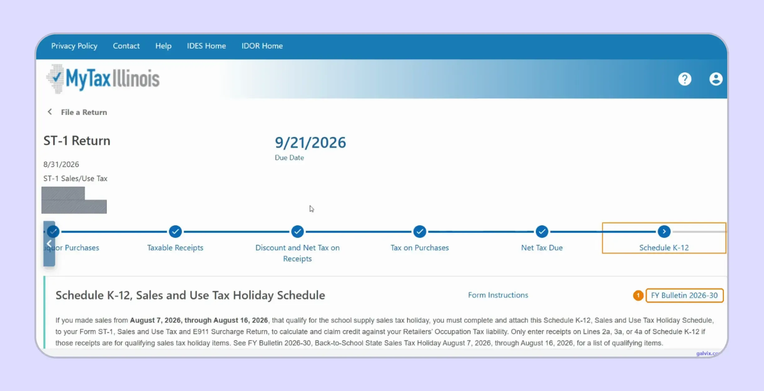 Illinois sales tax filing schedule selection in MyTax