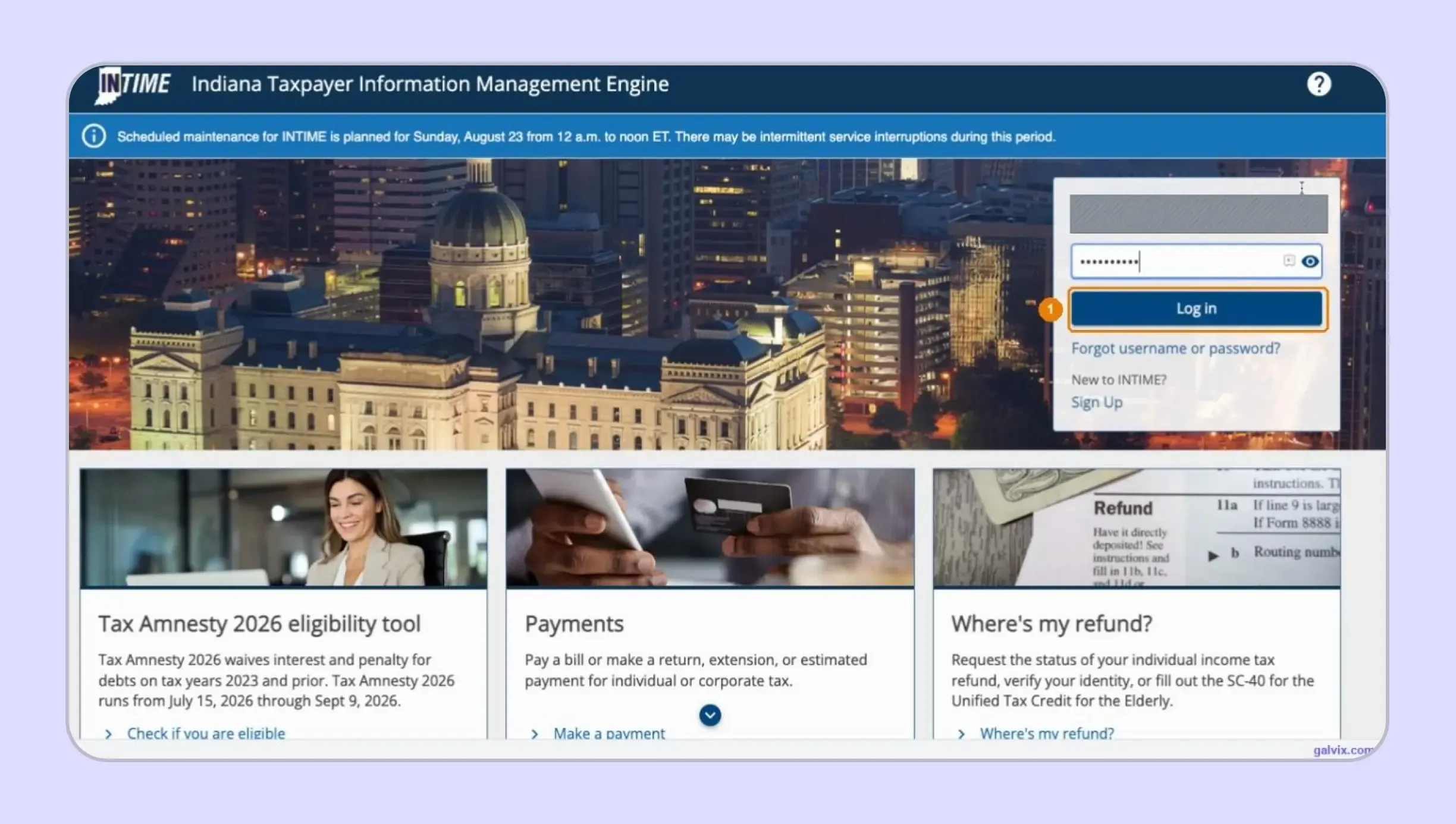 Indiana sales tax filing begins at INTIME login screen