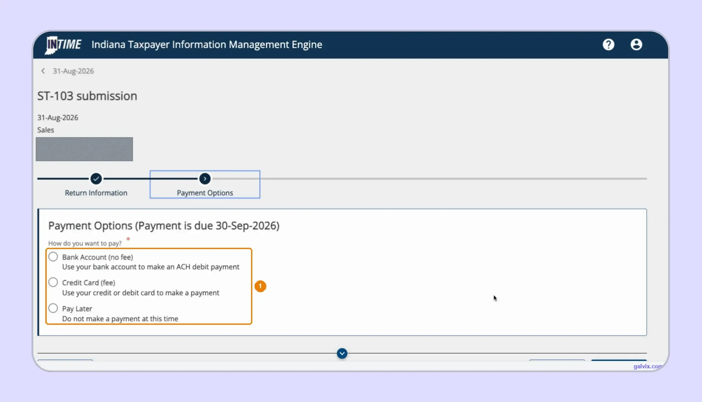 Indiana sales tax filing showing INTIME payment options.webp