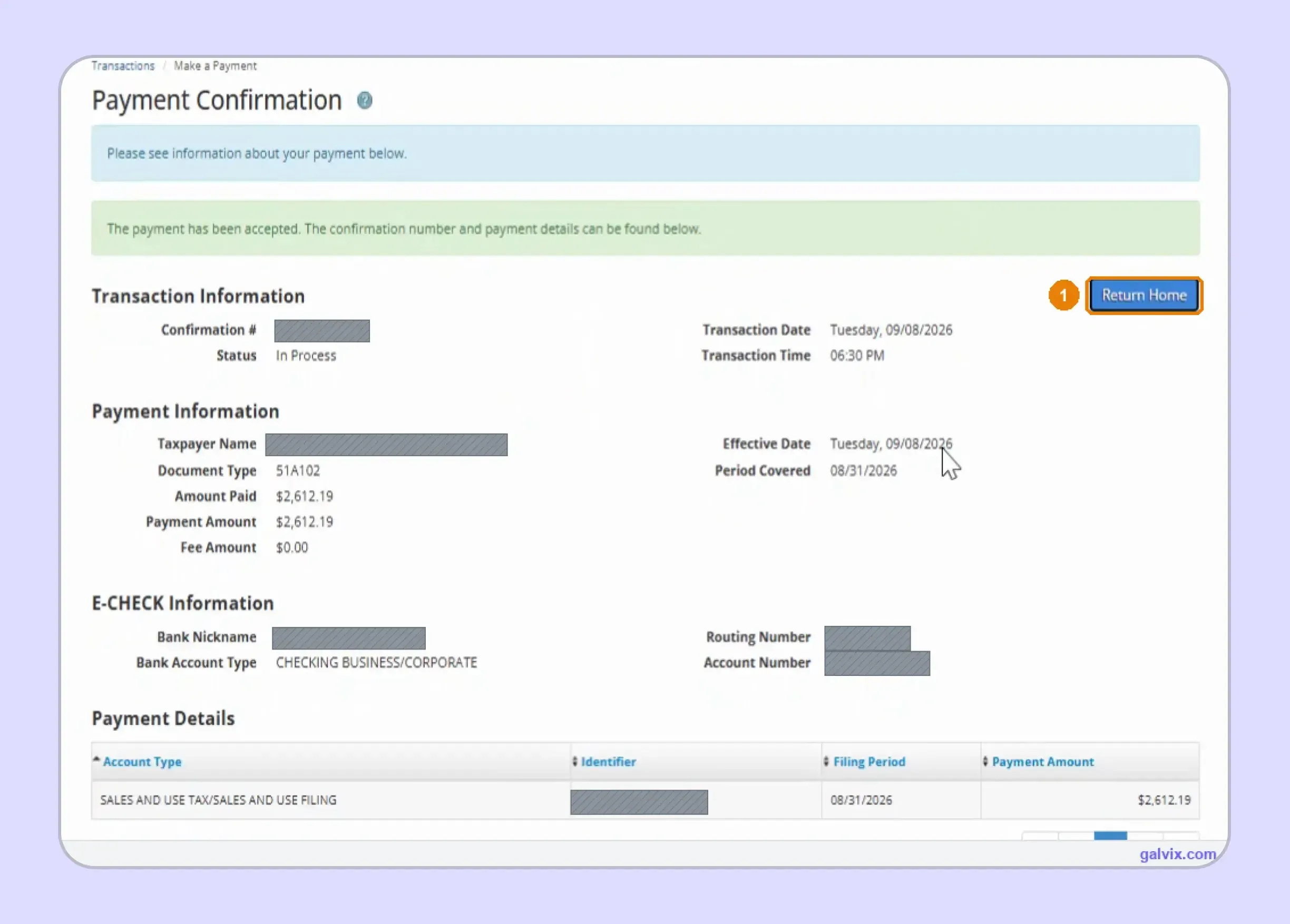 Kentucky payment confirmation saved after sales tax filing