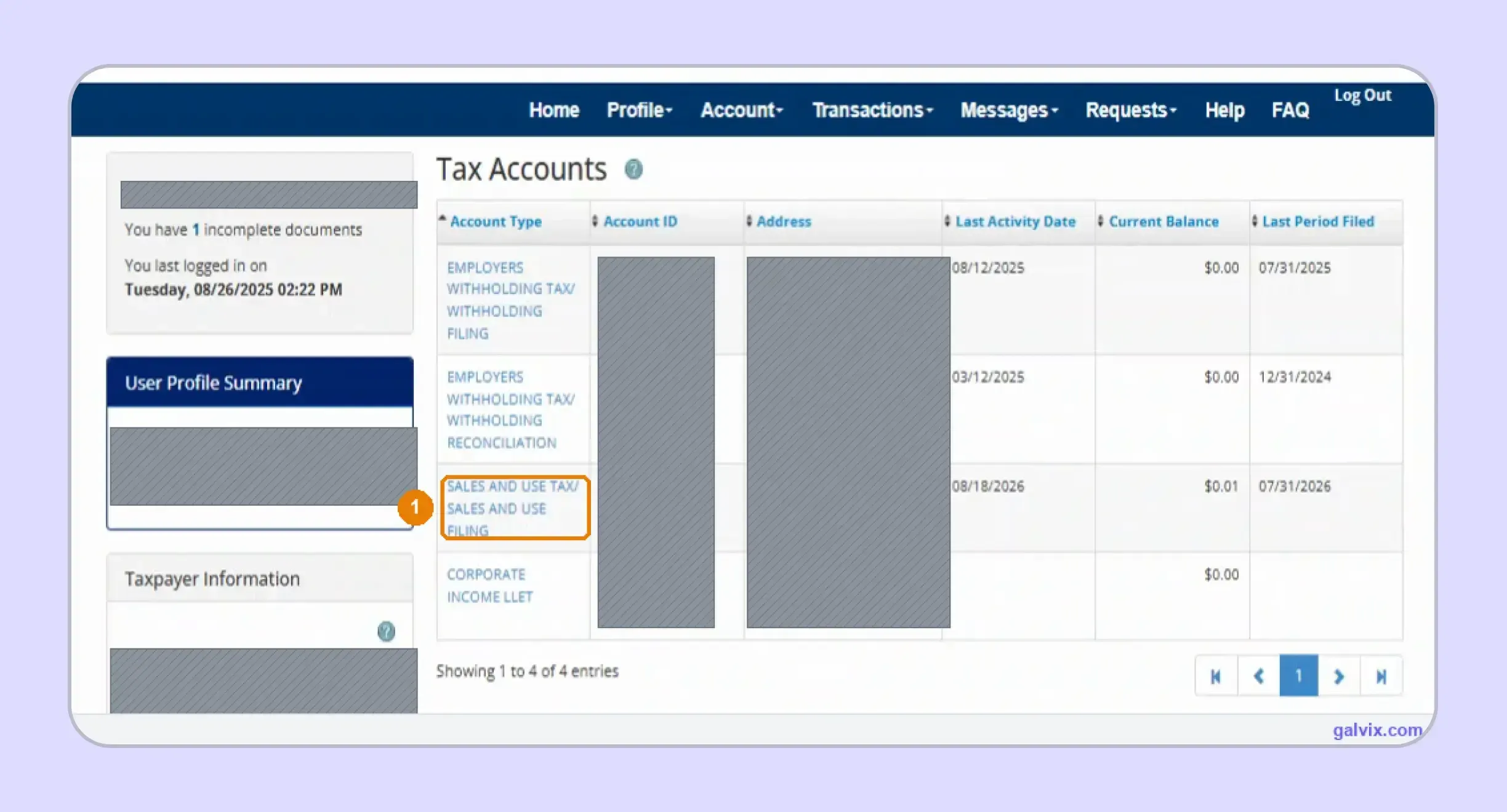 Kentucky sales tax account selected before online filing