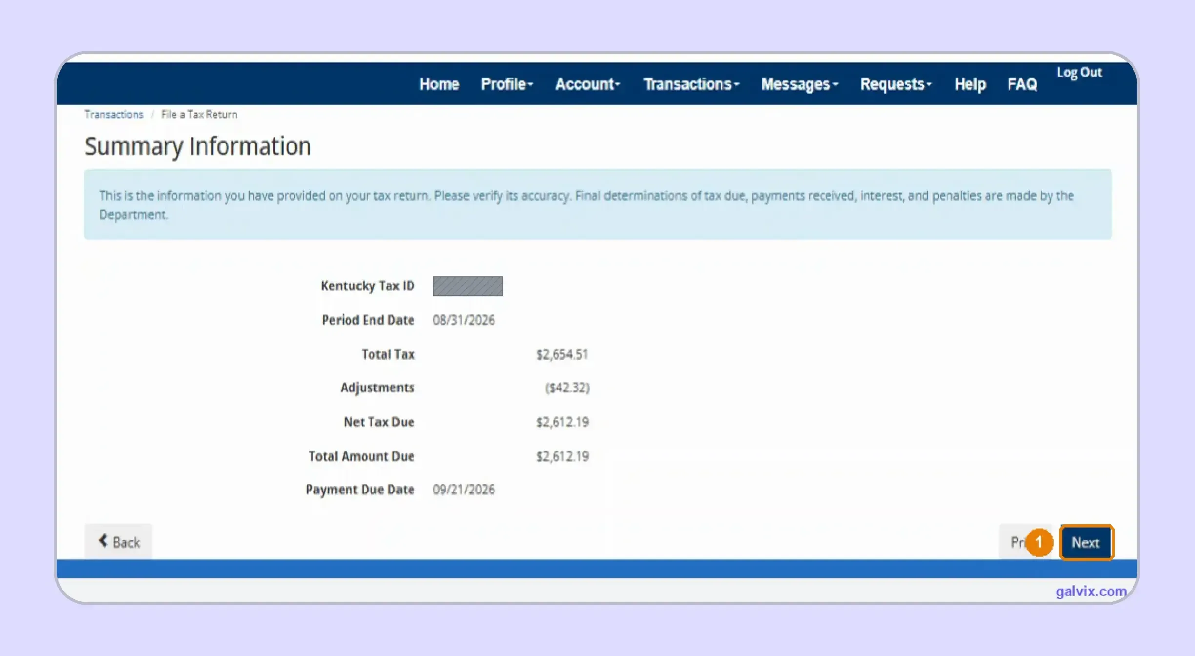 Kentucky sales tax return summary reviewed before signature