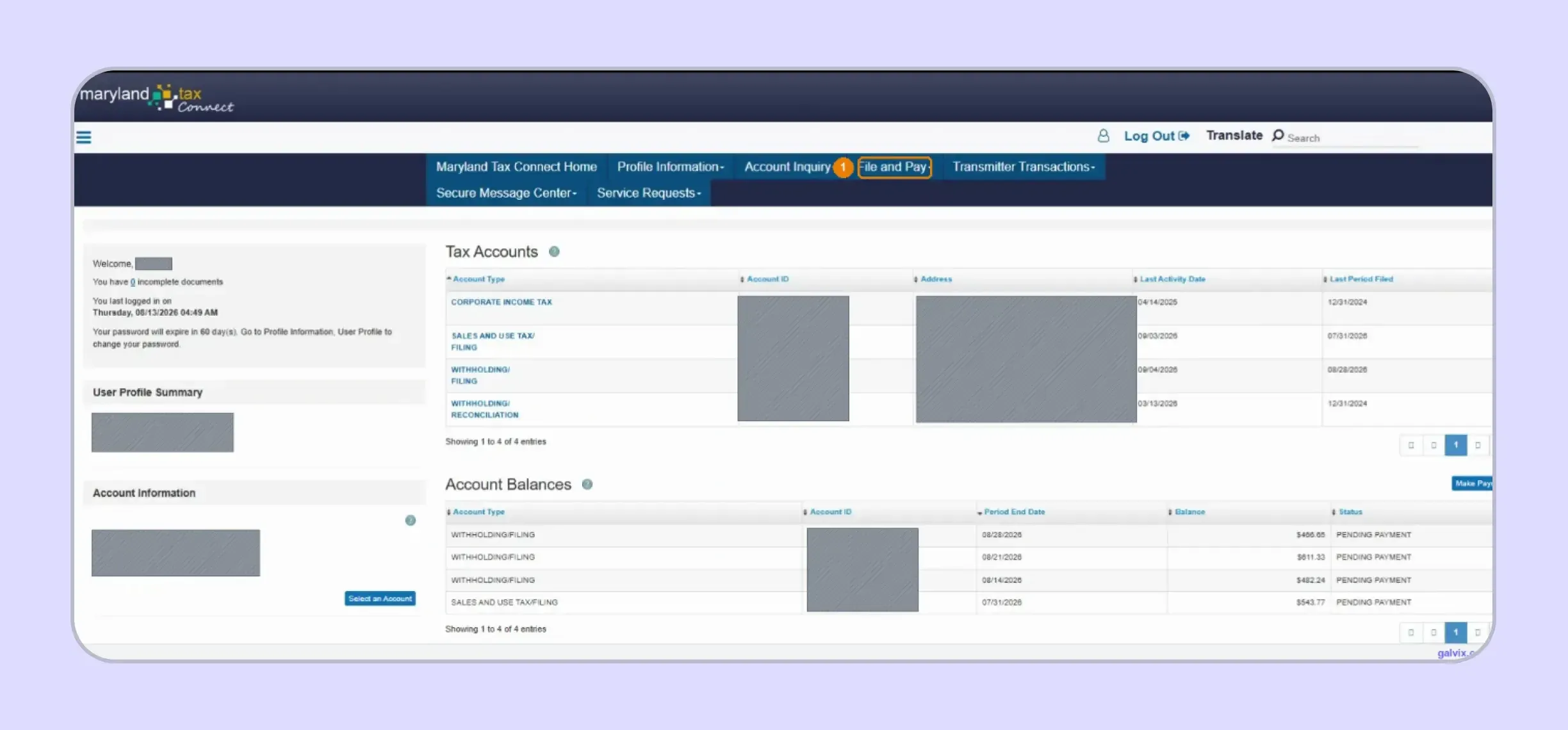 Maryland sales tax account selected before filing Form 202