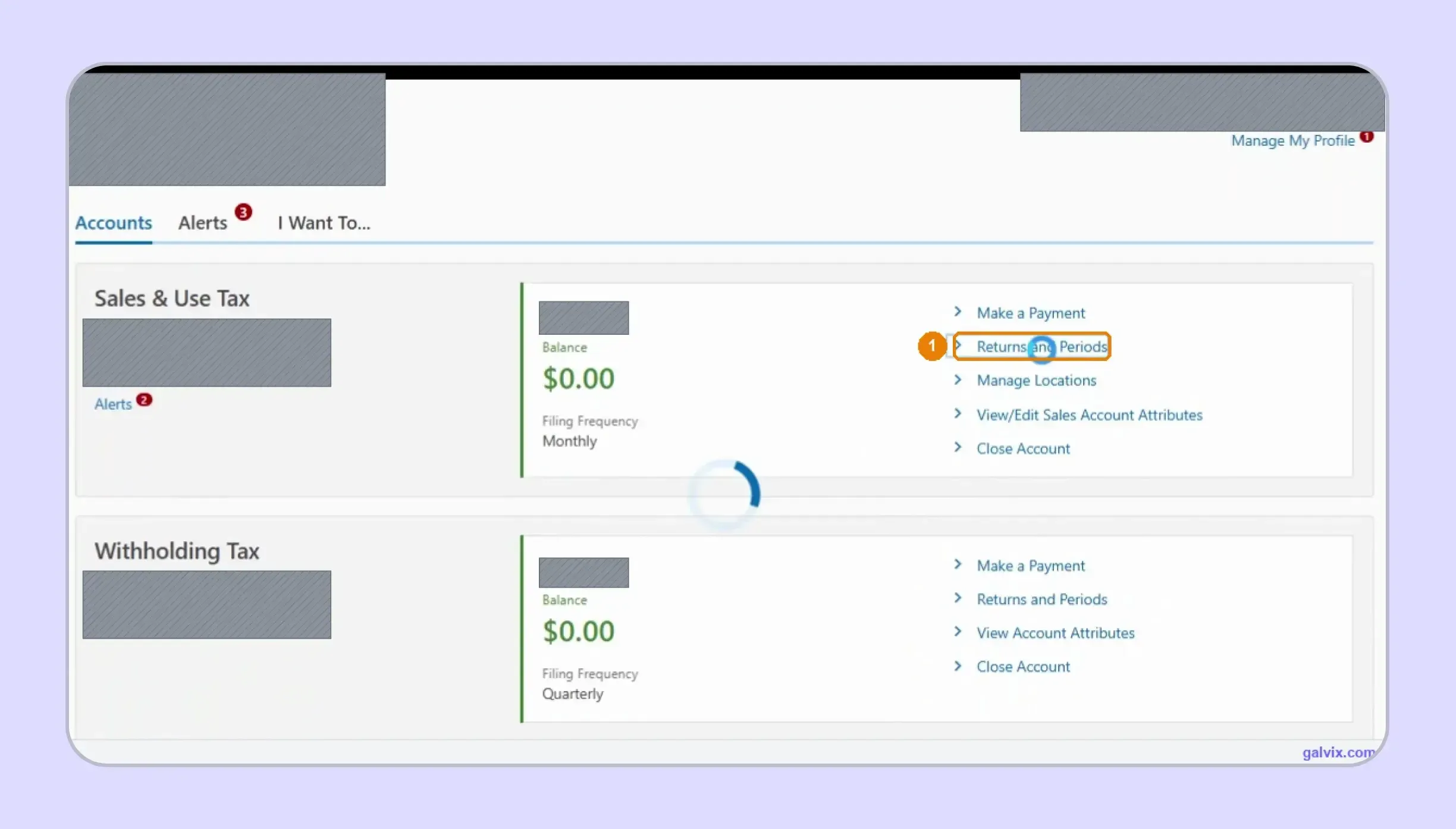 Minnesota sales tax account showing Returns and Periods option