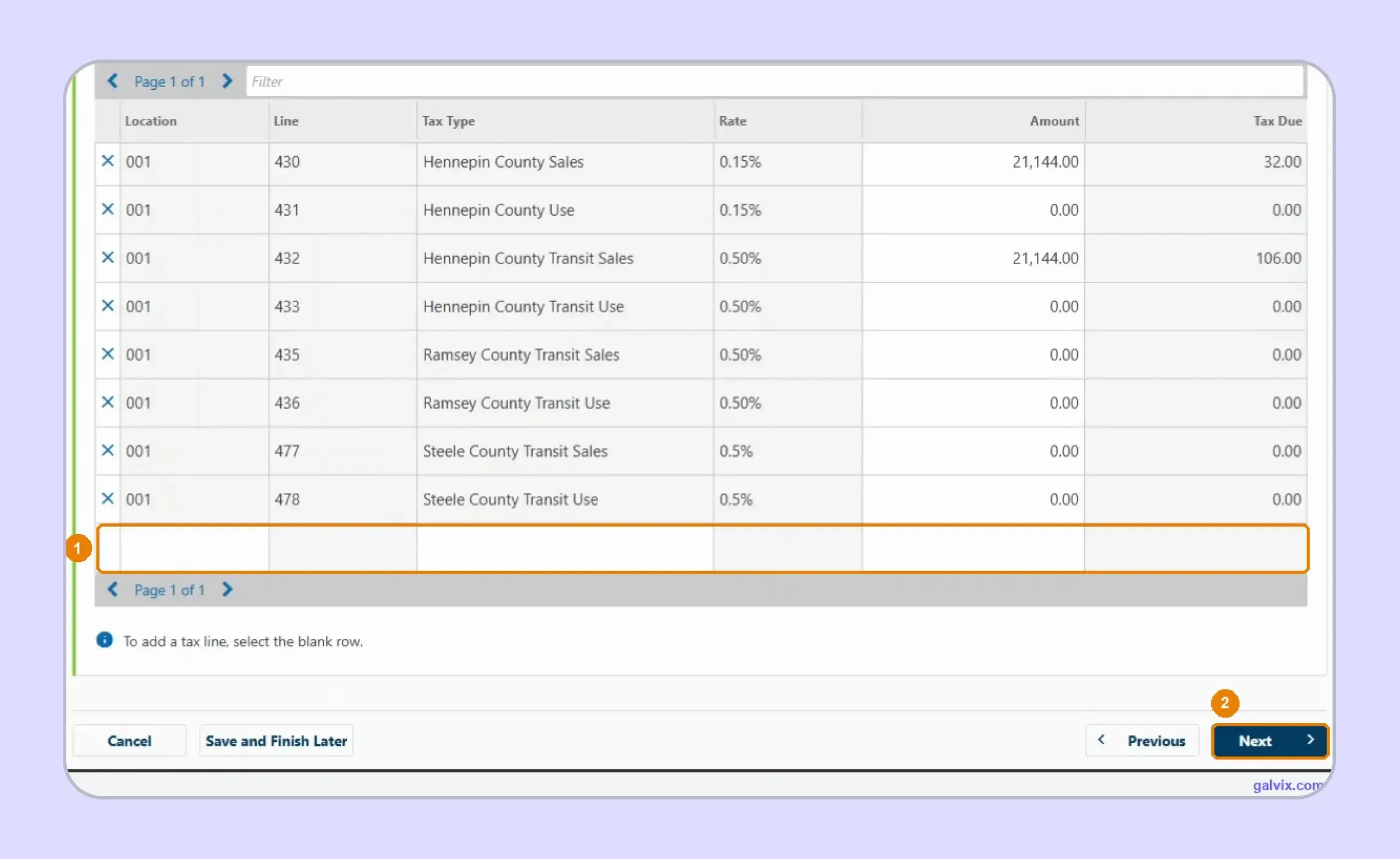 Minnesota sales tax filing grid for adding tax lines