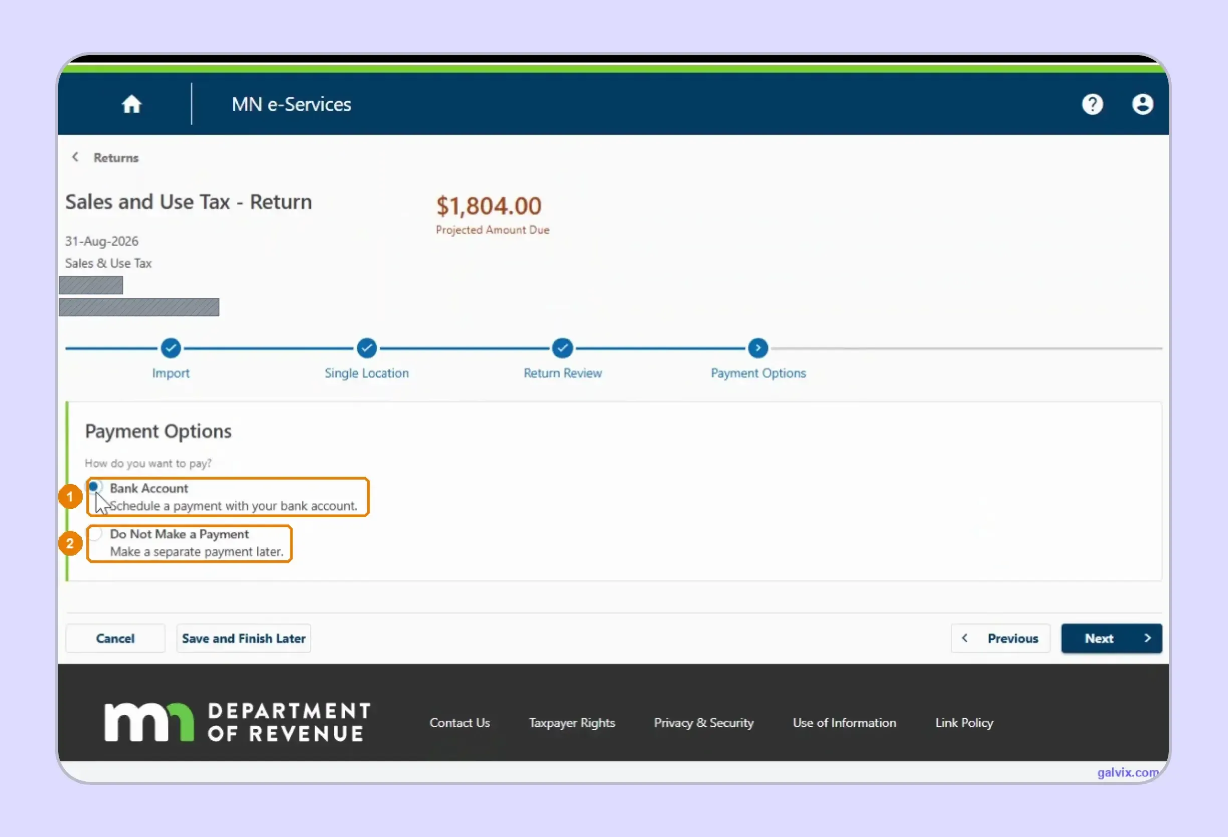 Minnesota sales tax payment options inside e-Services filing