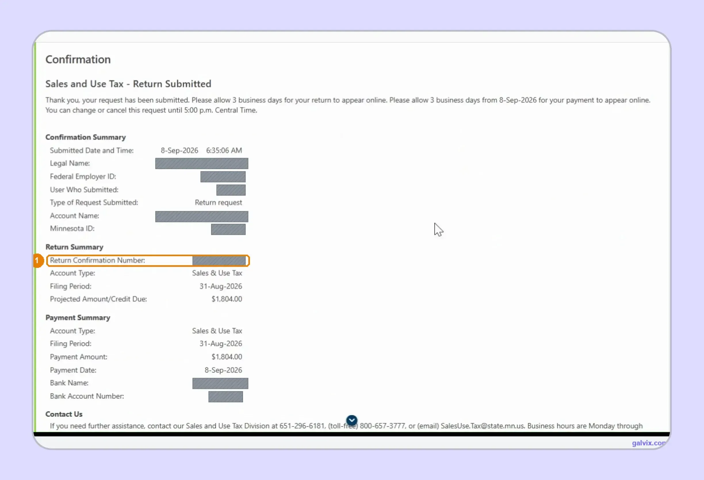 Minnesota sales tax return confirmation after successful filing