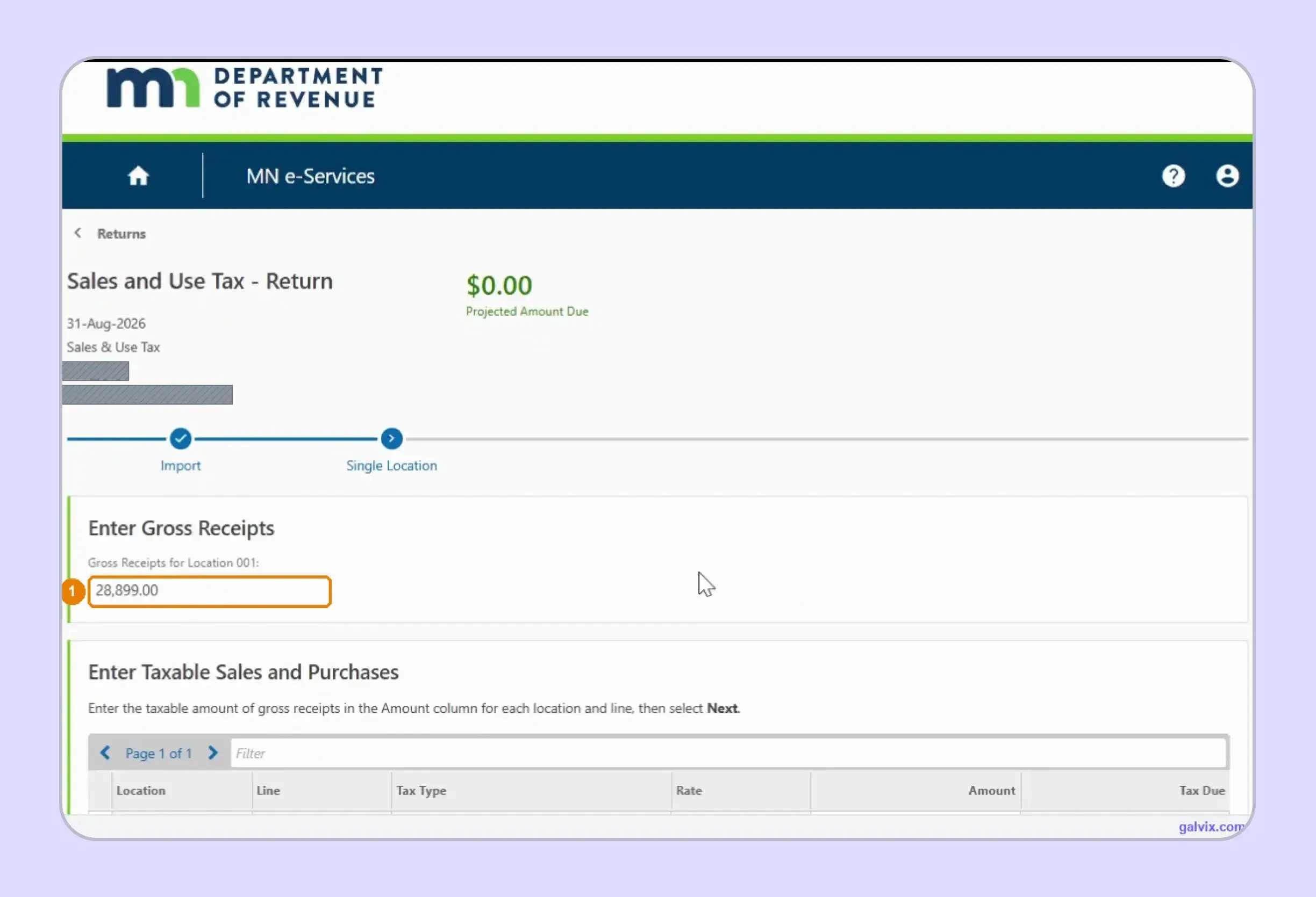 Minnesota sales tax return gross receipts entry field
