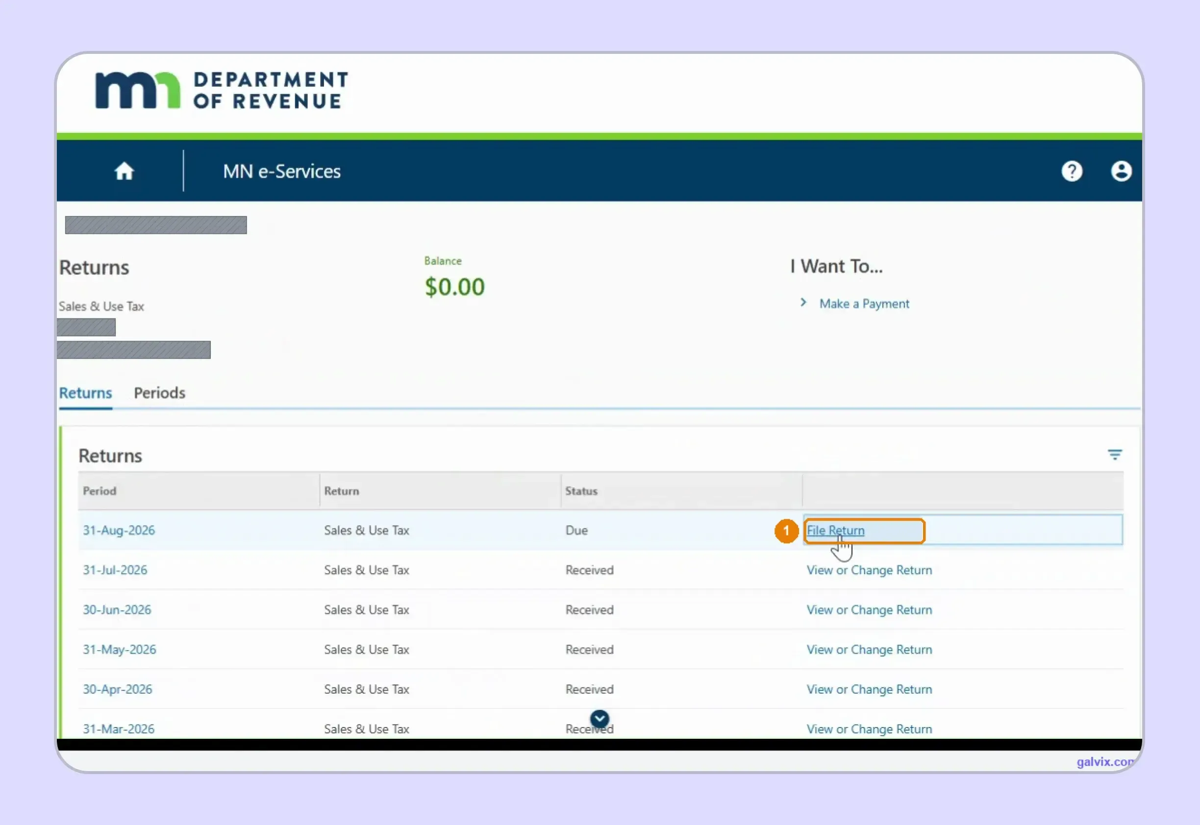 Minnesota sales tax return period selection in e-Services